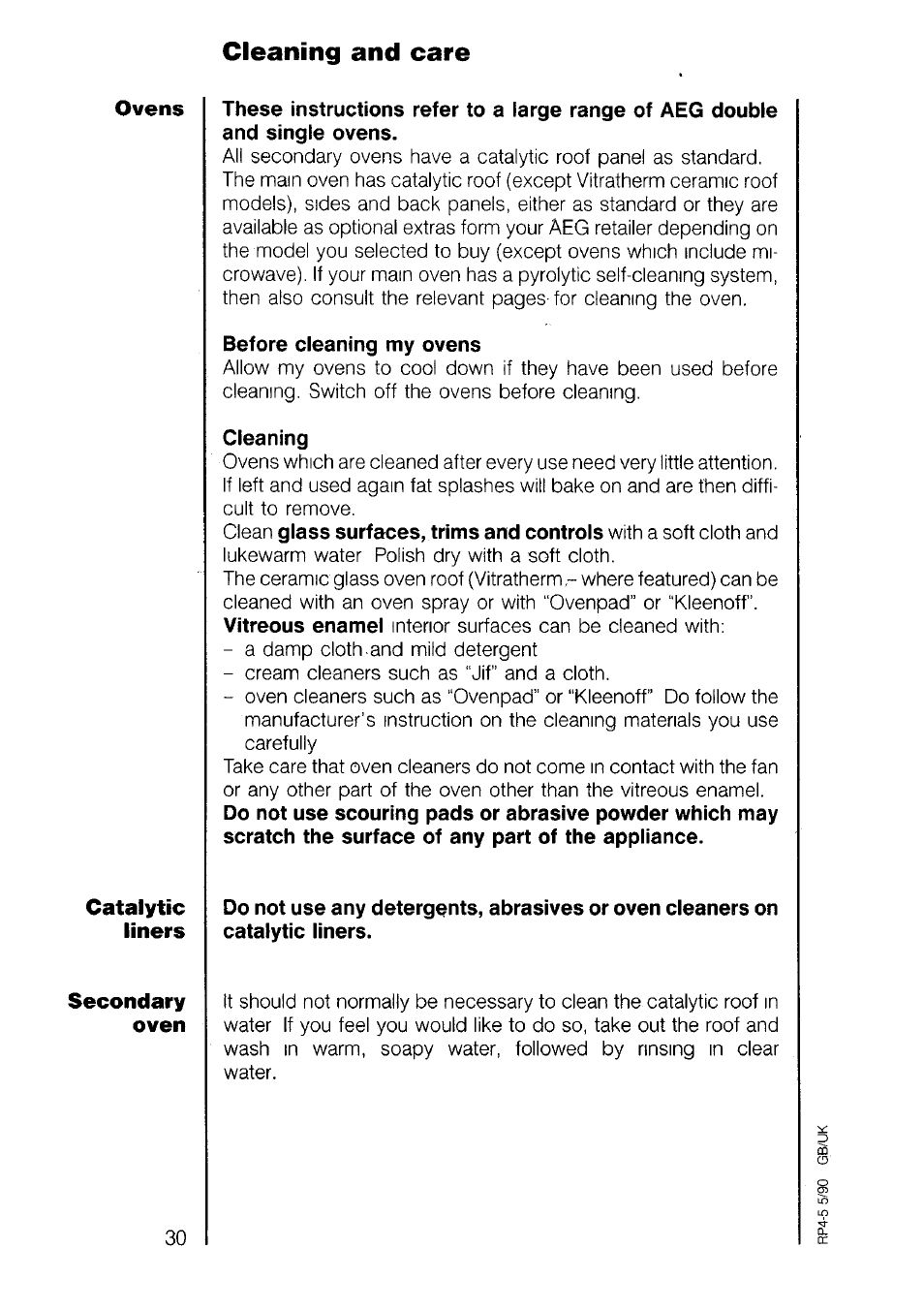 Cleaning and care, Before cleaning my ovens, Cleaning | Precleaning the oven | AEG 7658B User Manual | Page 30 / 39