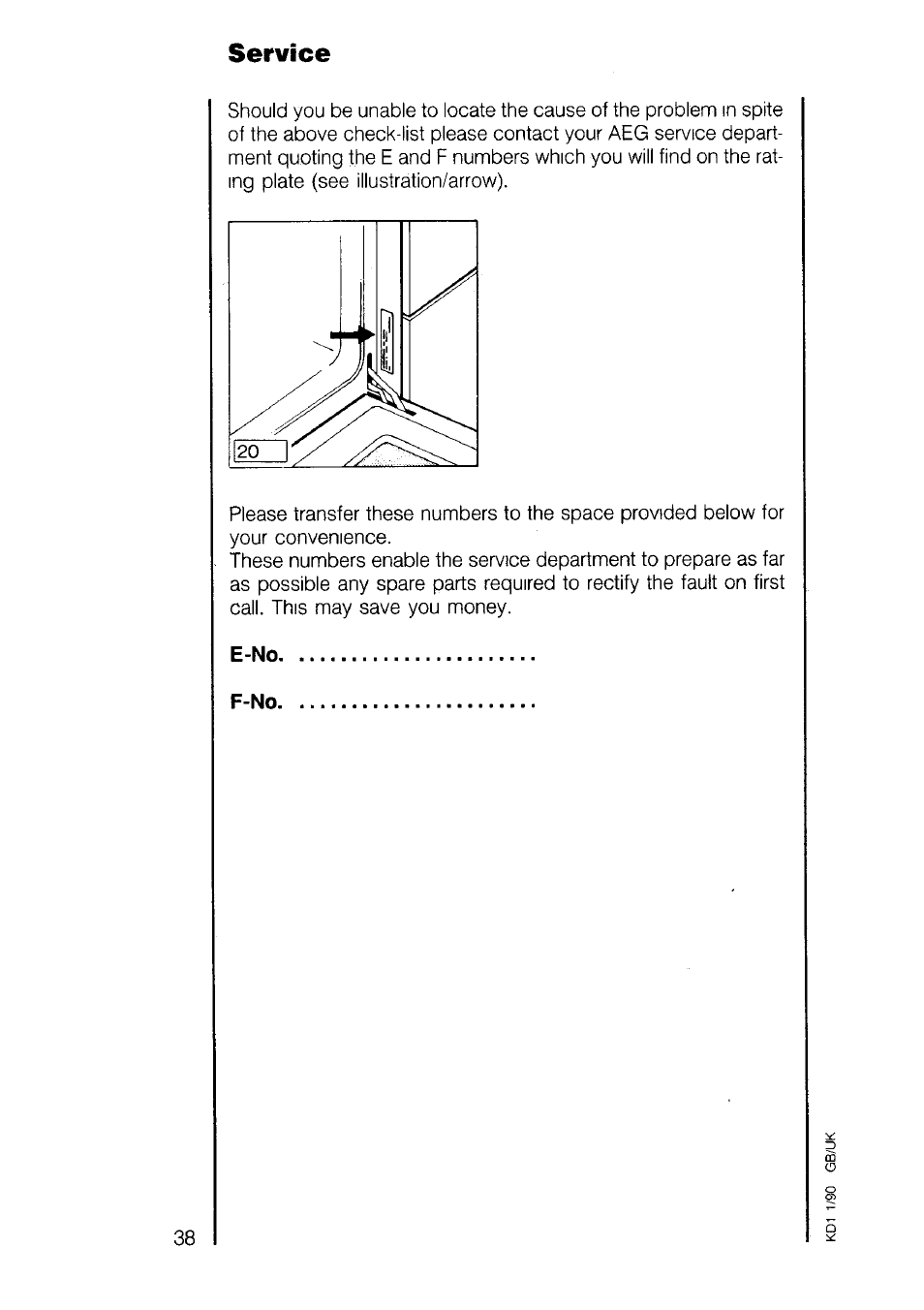 E-no, F-no, Service | AEG 7658B User Manual | Page 38 / 39