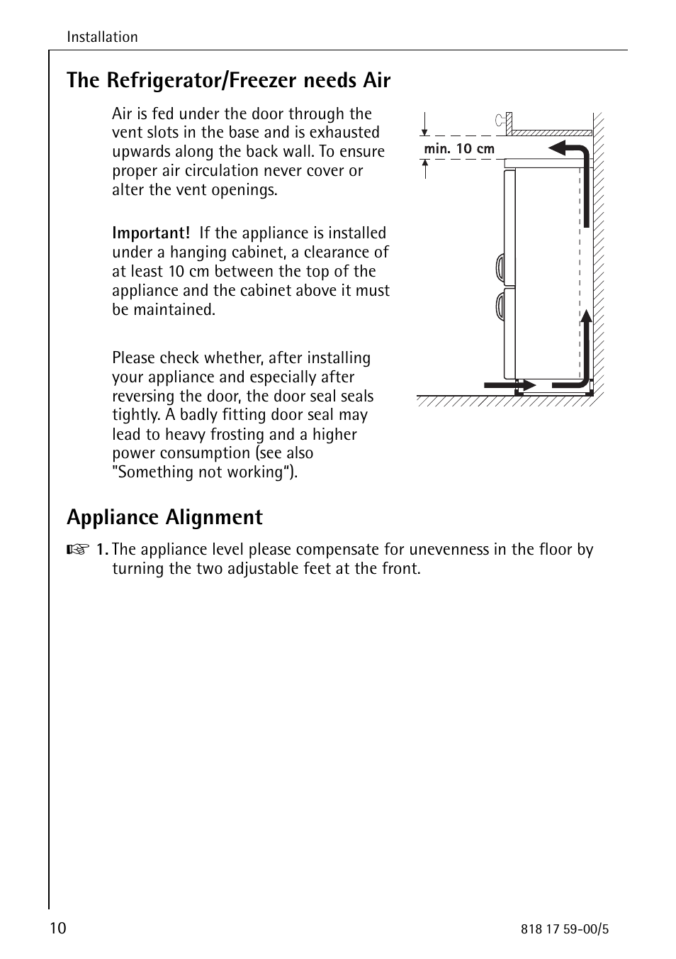 The refrigerator/freezer needs air, Appliance alignment | AEG SANTO 3150-7 KG User Manual | Page 10 / 40