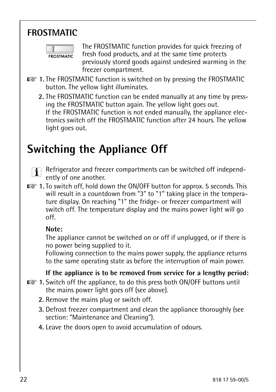Switching the appliance off, Frostmatic | AEG SANTO 3150-7 KG User Manual | Page 22 / 40