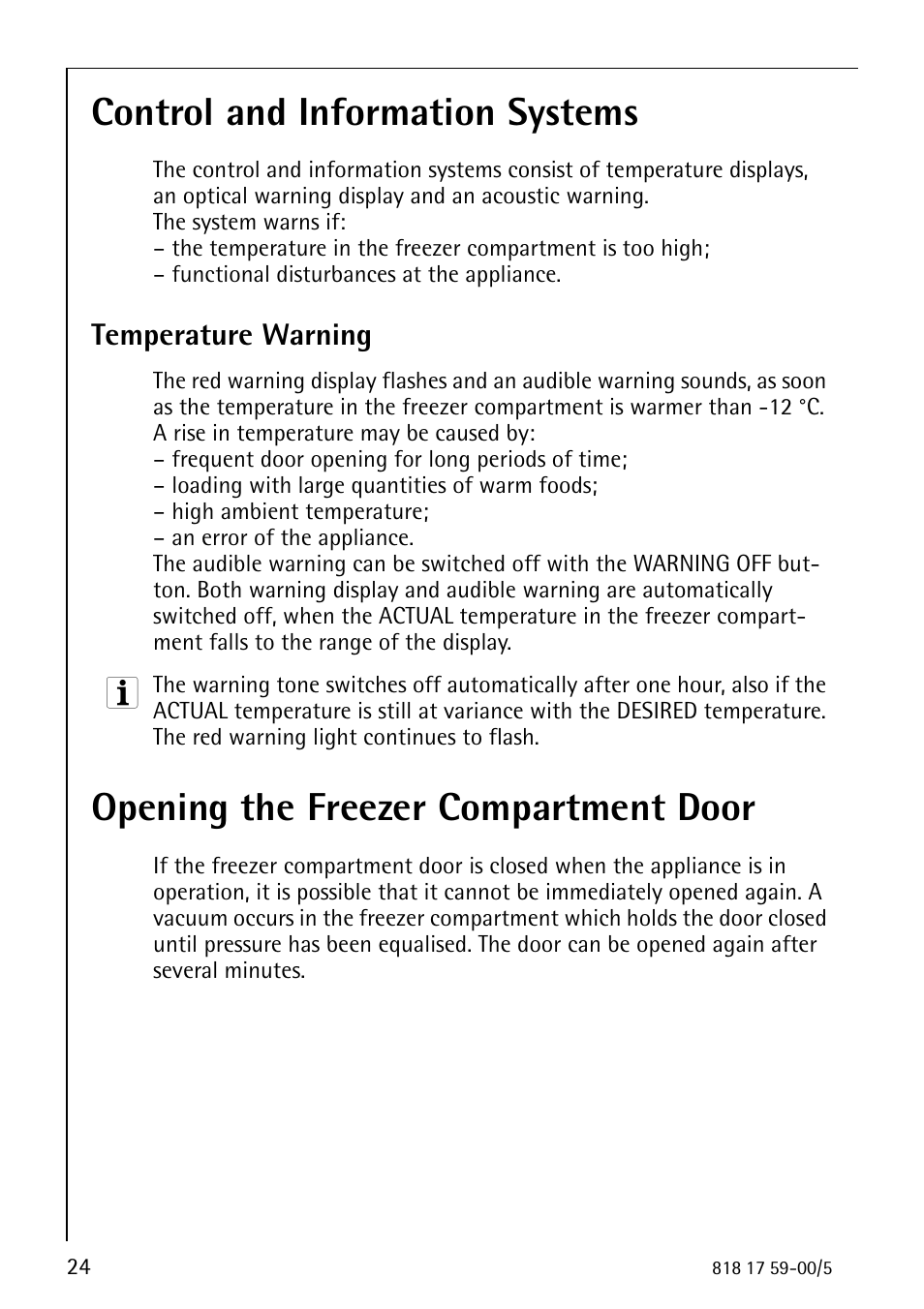 Control and information systems, Opening the freezer compartment door | AEG SANTO 3150-7 KG User Manual | Page 24 / 40