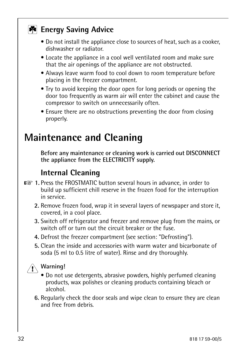 Maintenance and cleaning, Energy saving advice, Internal cleaning | AEG SANTO 3150-7 KG User Manual | Page 32 / 40