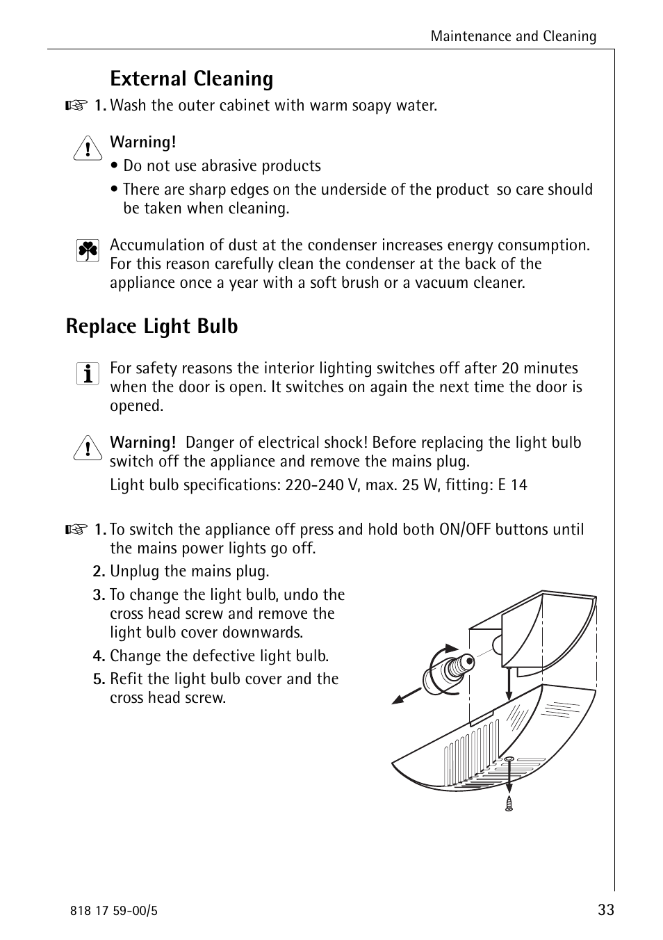 External cleaning, Replace light bulb | AEG SANTO 3150-7 KG User Manual | Page 33 / 40