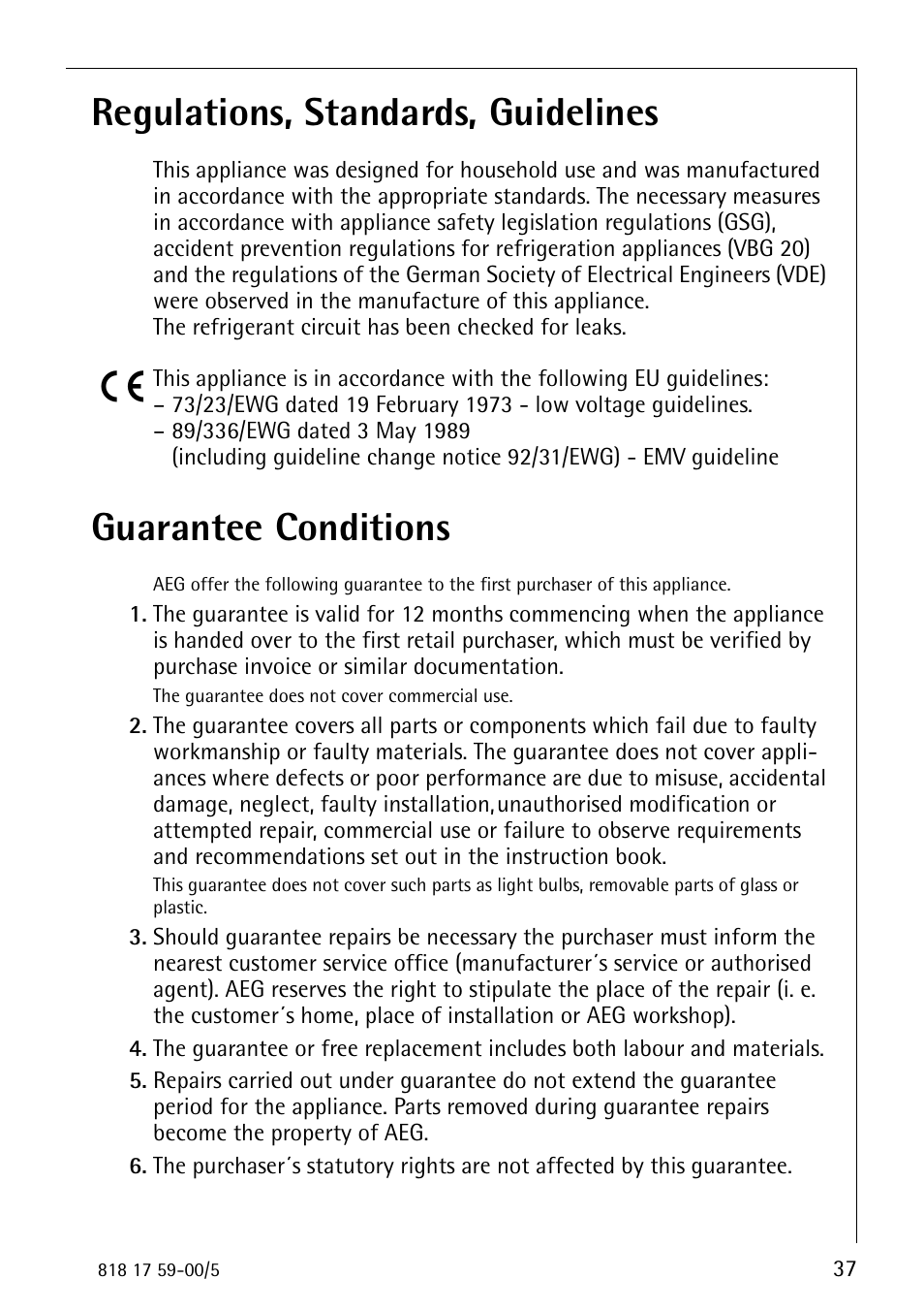 Regulations, standards, guidelines, Guarantee conditions | AEG SANTO 3150-7 KG User Manual | Page 37 / 40