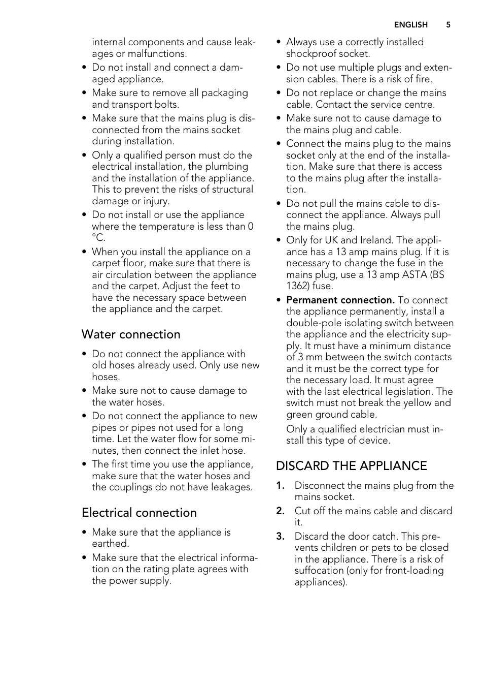 Water connection, Electrical connection, Discard the appliance | AEG L 75670 FL User Manual | Page 5 / 36