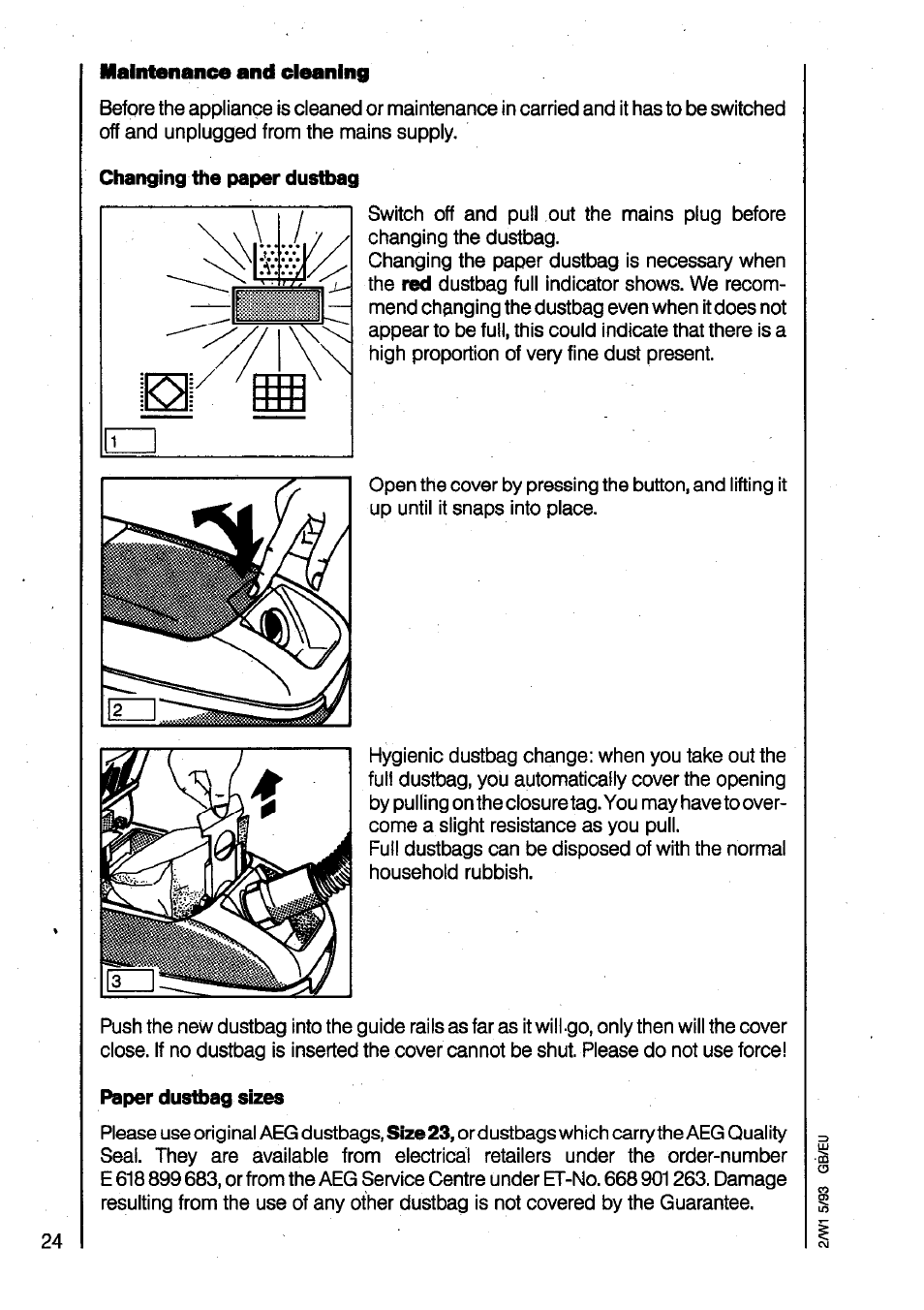 Paper dustbag sizes, Maintenance and cleaning | AEG VAMPYR 825I User Manual | Page 10 / 16