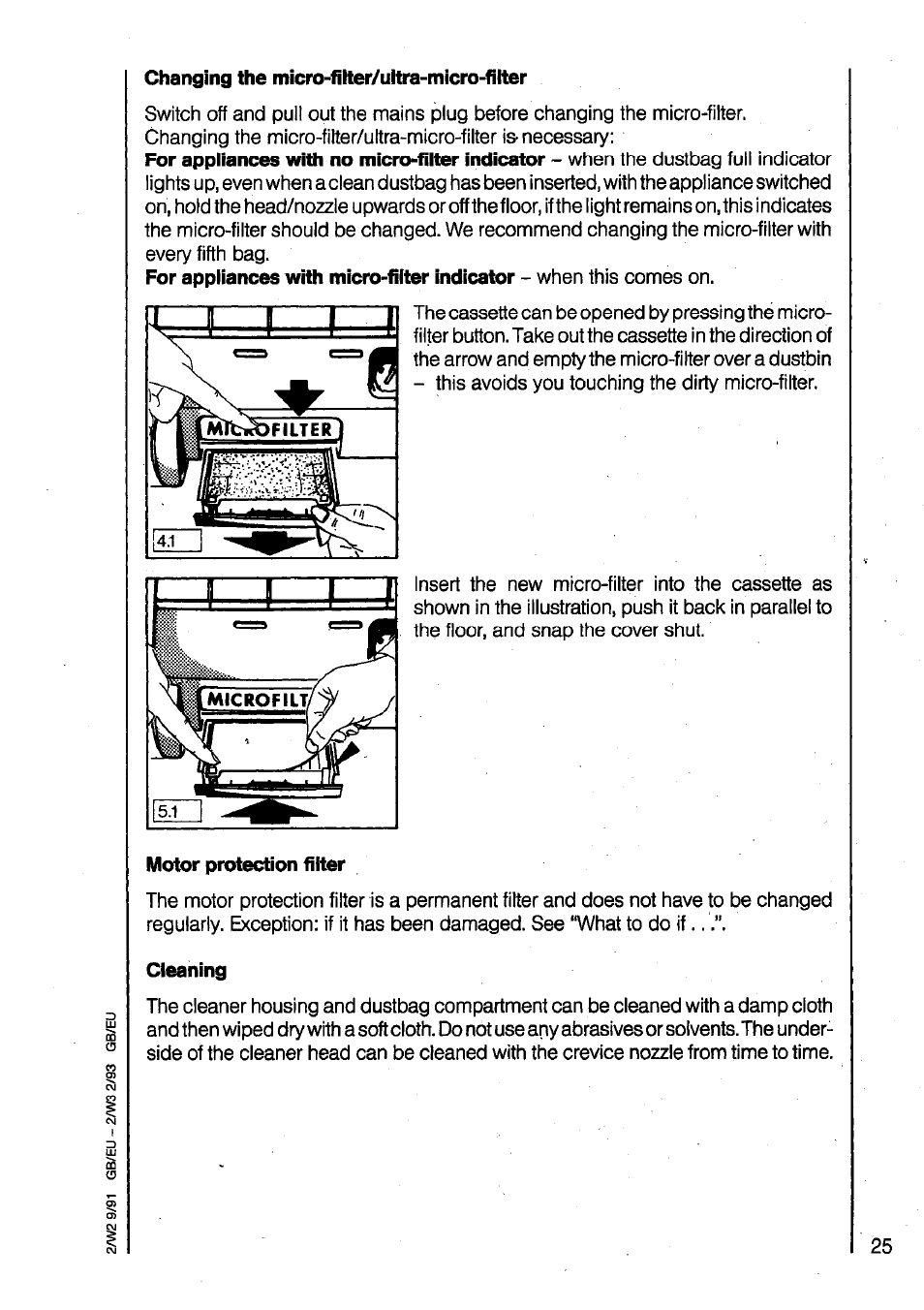 Changing the nticro-filter/ultra-micro-filter, Motor protection filter, Cleaning | AEG VAMPYR 825I User Manual | Page 11 / 16