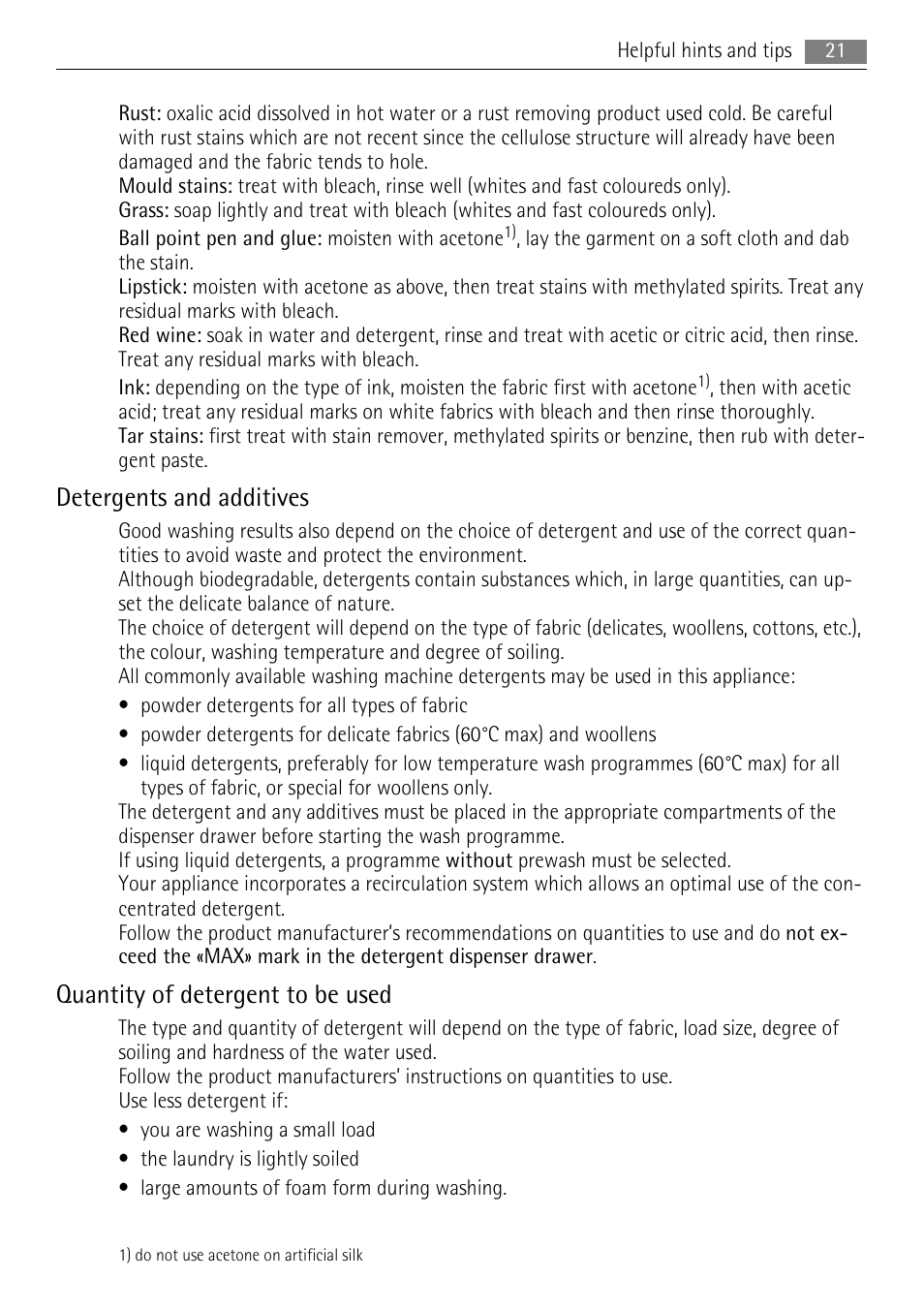 Detergents and additives, Quantity of detergent to be used | AEG 73742 User Manual | Page 21 / 40