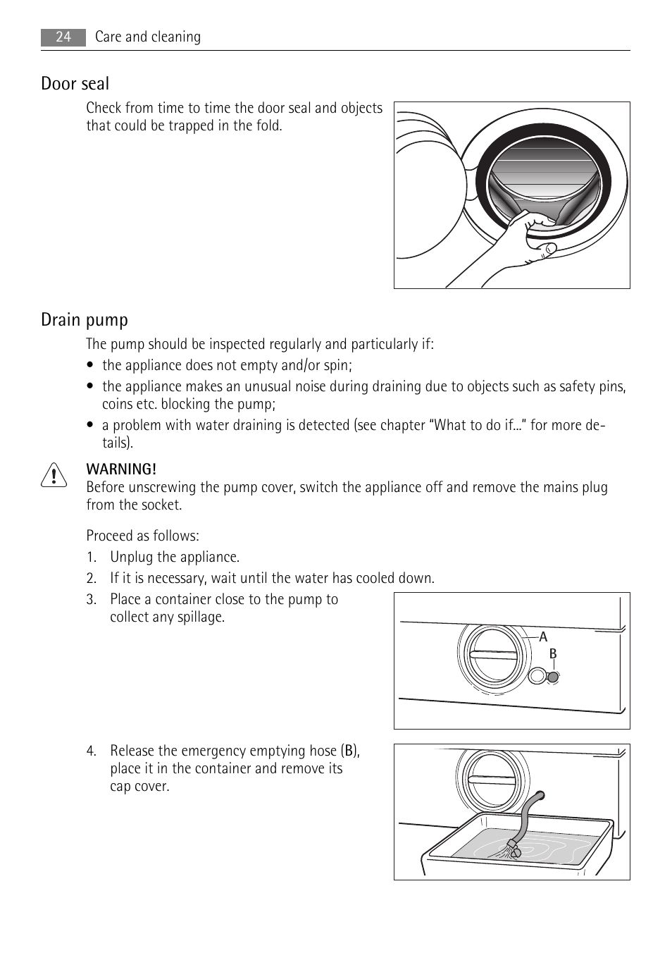 Door seal, Drain pump | AEG 73742 User Manual | Page 24 / 40