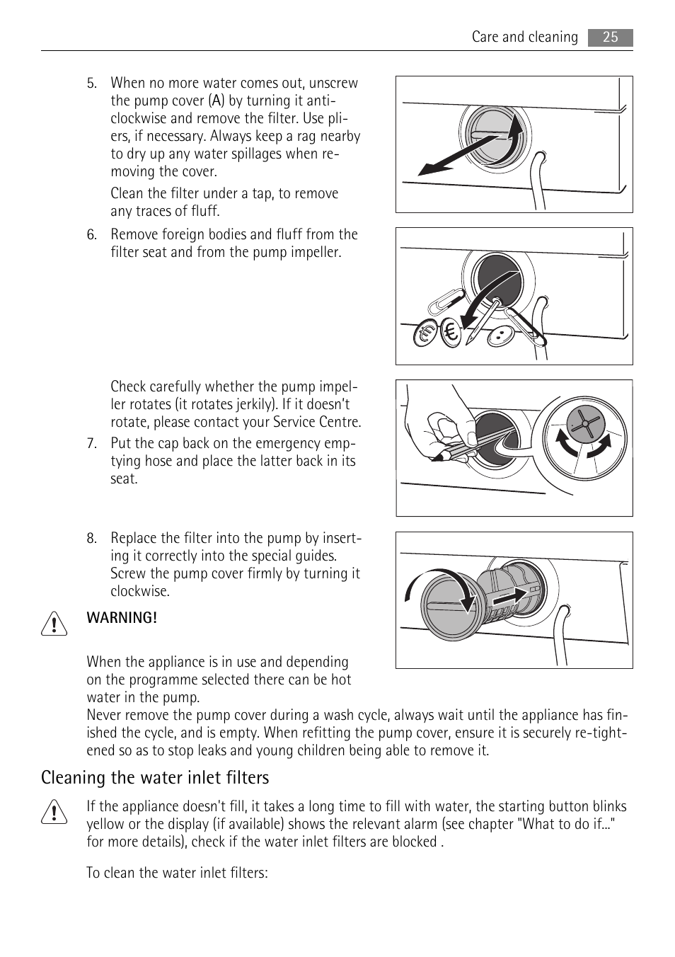 Cleaning the water inlet filters | AEG 73742 User Manual | Page 25 / 40