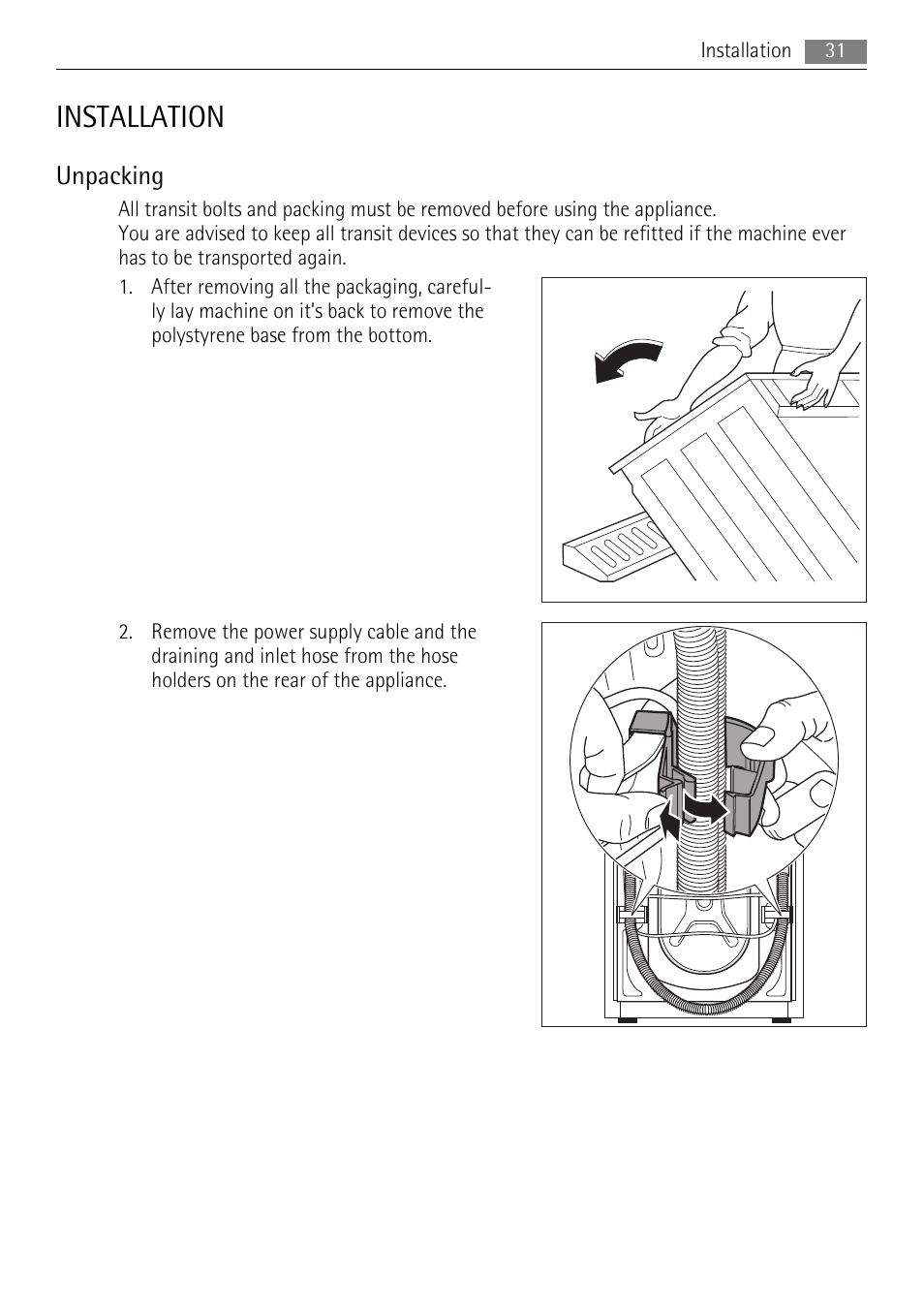 Installation, Unpacking | AEG 73742 User Manual | Page 31 / 40