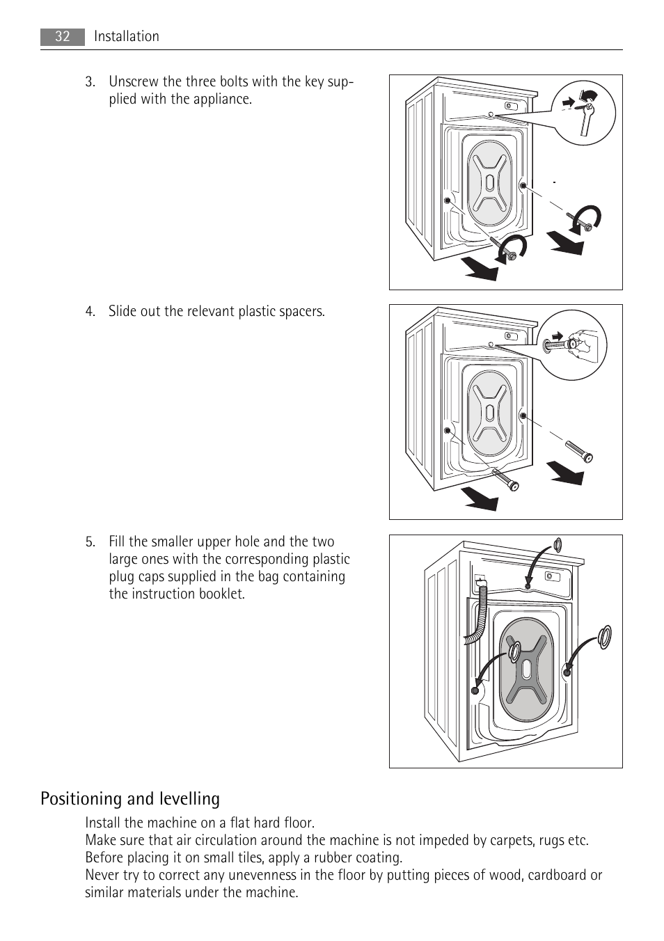 Positioning and levelling | AEG 73742 User Manual | Page 32 / 40