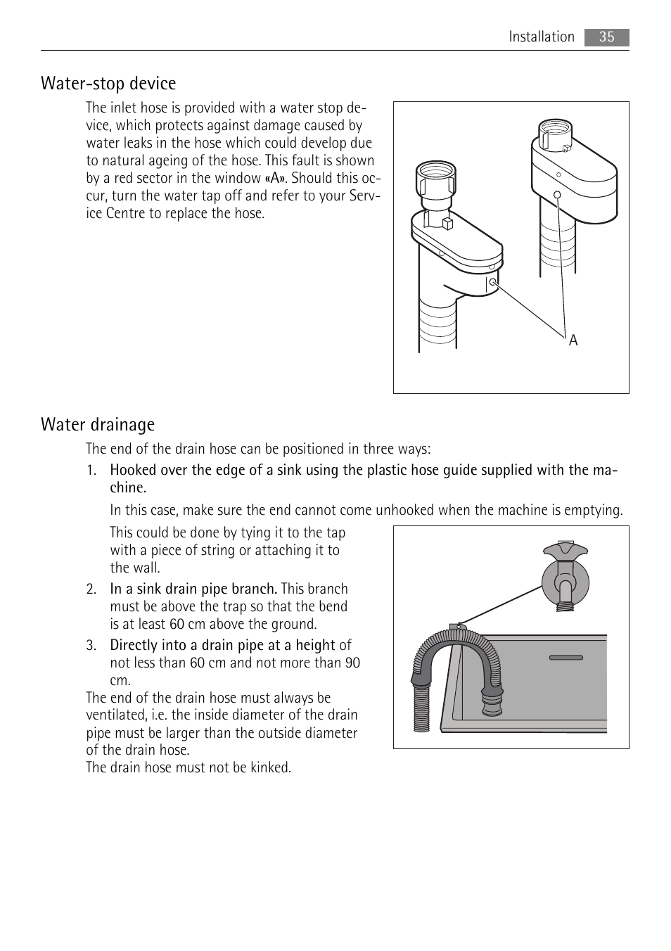 Water-stop device, Water drainage | AEG 73742 User Manual | Page 35 / 40