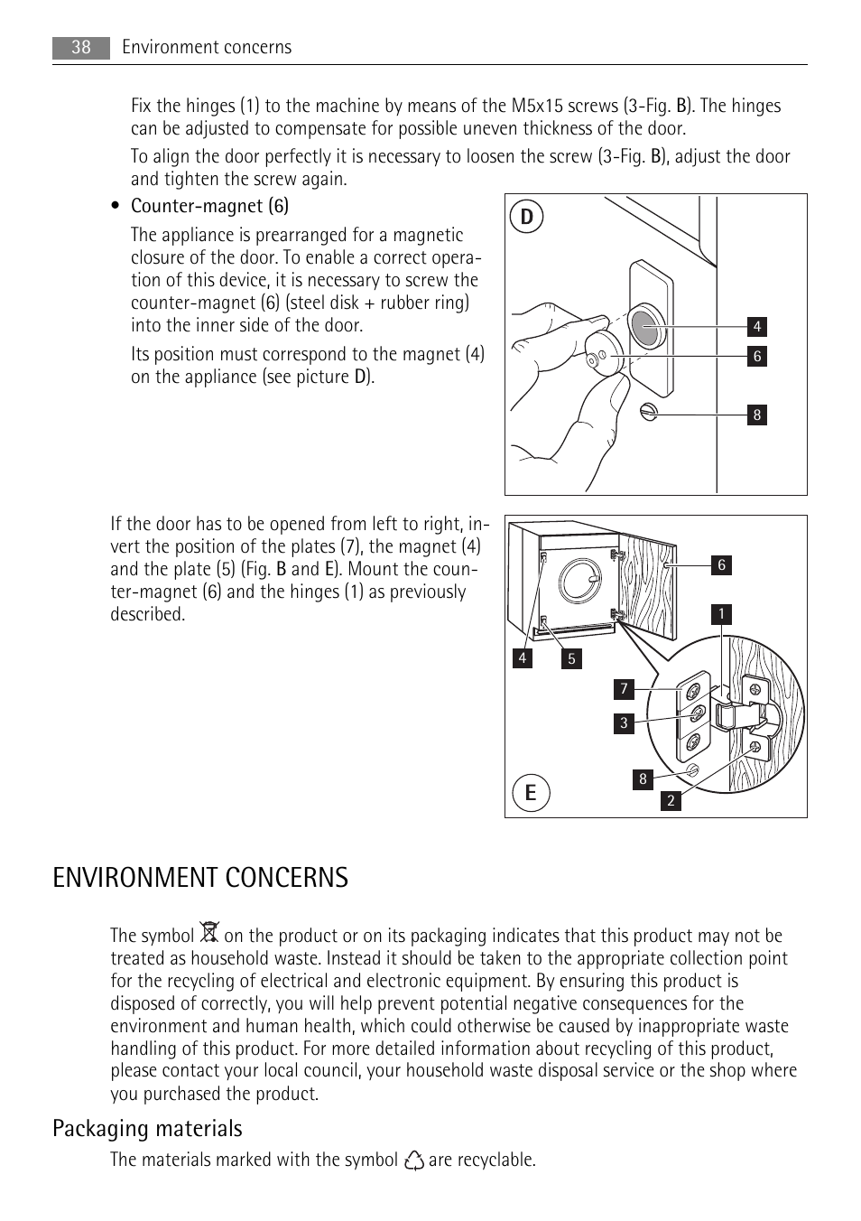 Environment concerns, Packaging materials | AEG 73742 User Manual | Page 38 / 40