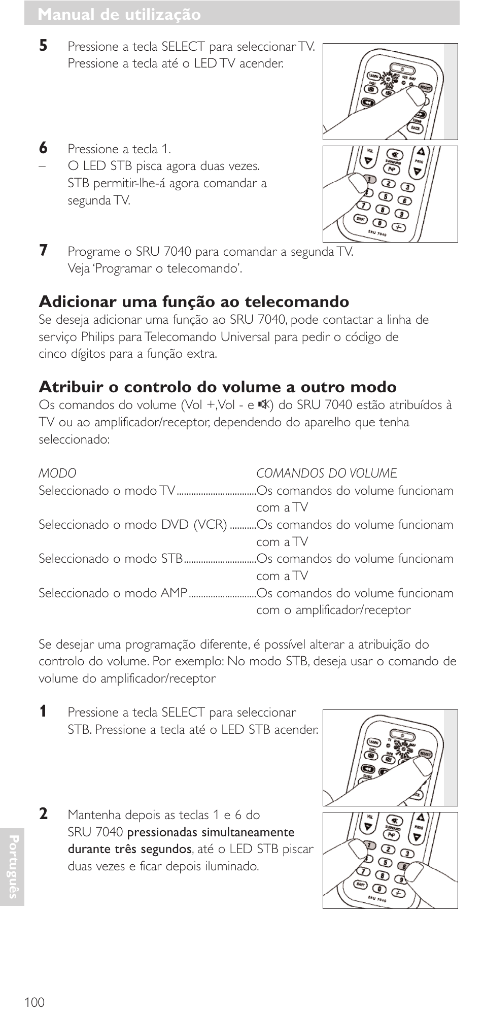 Adicionar uma função ao telecomando, Atribuir o controlo do volume a outro modo, Manual de utilização | Philips Mando a distancia universal User Manual | Page 100 / 132