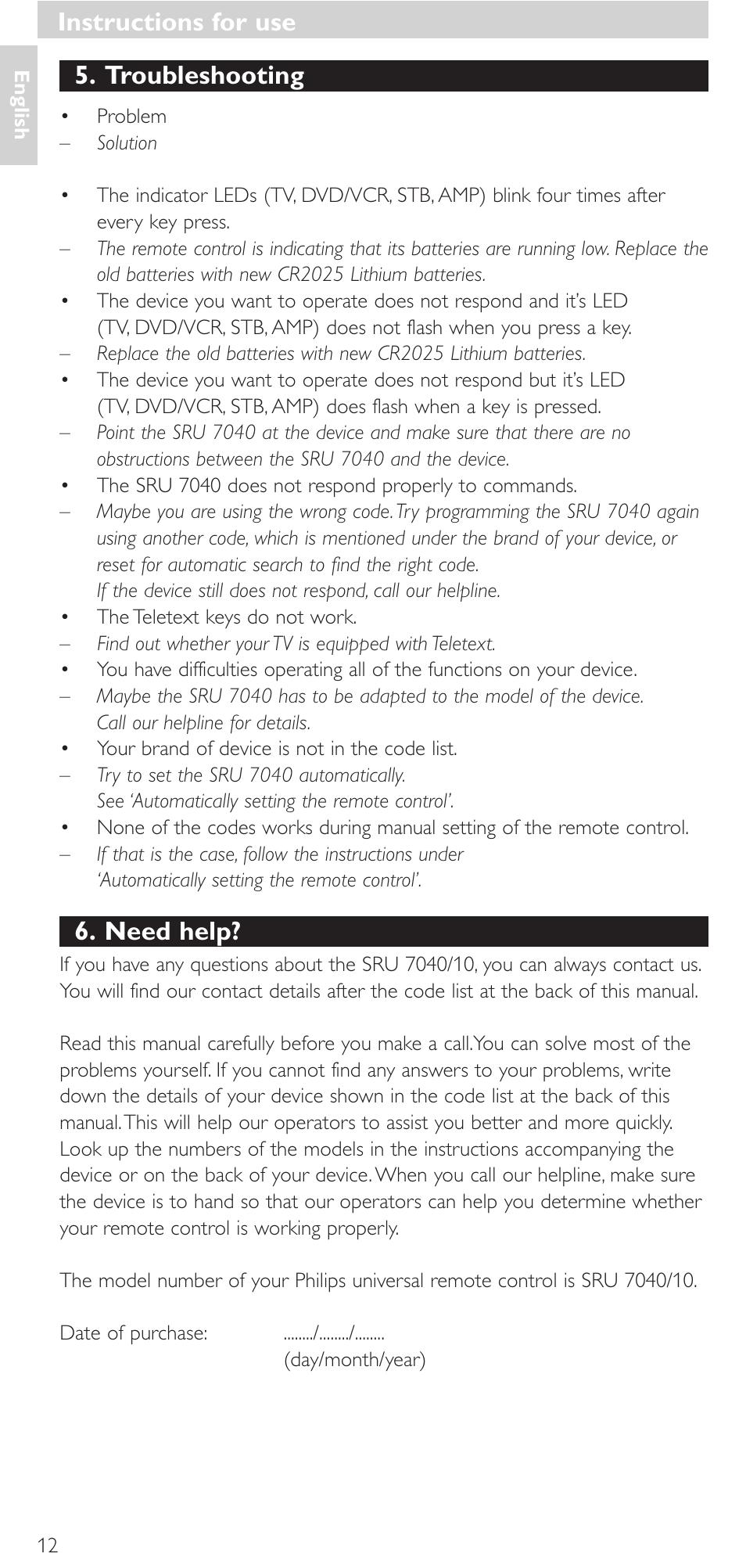 Troubleshooting, Need help, Instructions for use | Philips Mando a distancia universal User Manual | Page 12 / 132