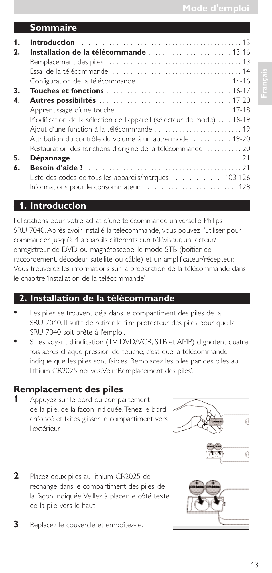 Sommaire, Introduction, Installation de la télécommande | Remplacement des piles 1, Mode d'emploi | Philips Mando a distancia universal User Manual | Page 13 / 132