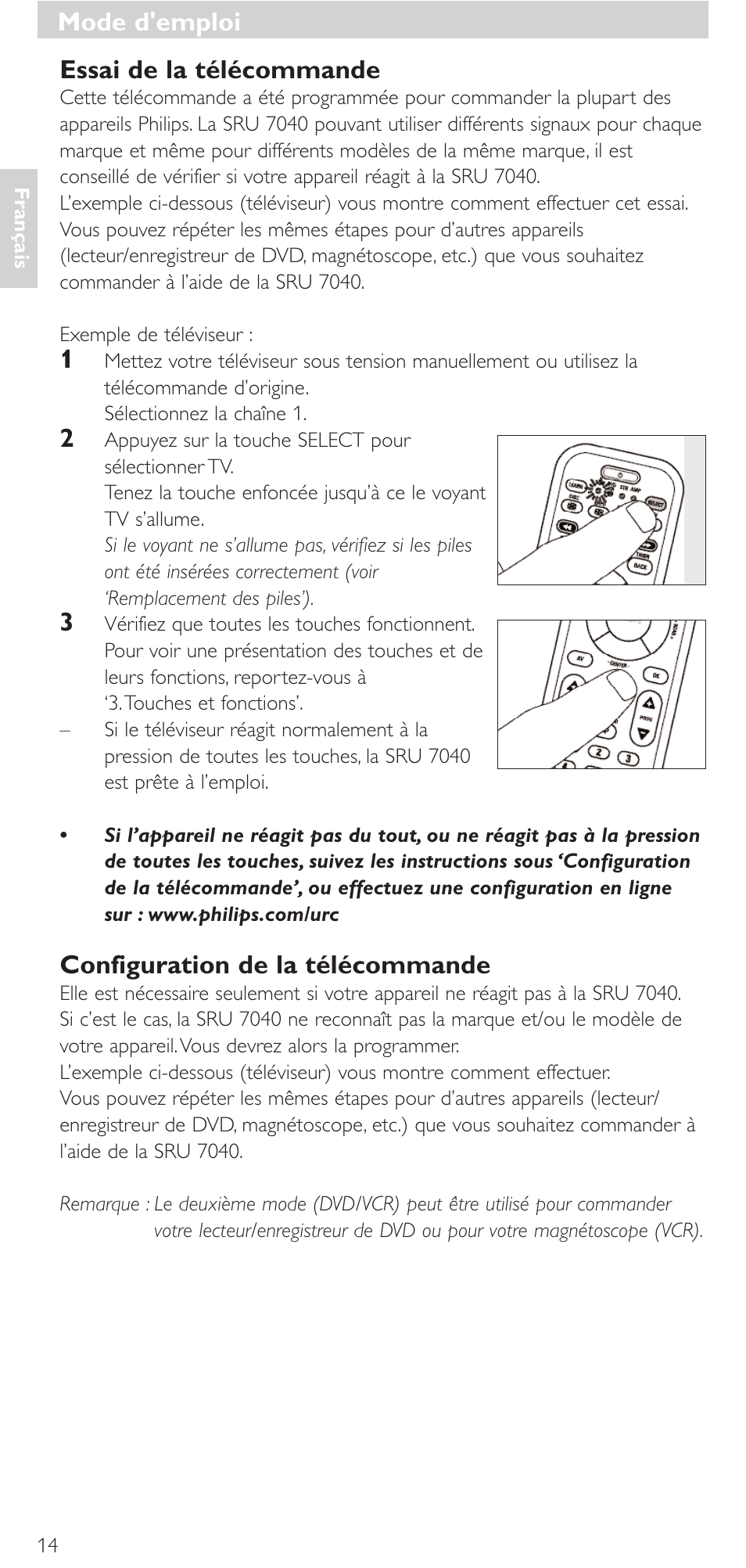 Essai de la télécommande, Configuration de la télécommande, Mode d'emploi | Philips Mando a distancia universal User Manual | Page 14 / 132