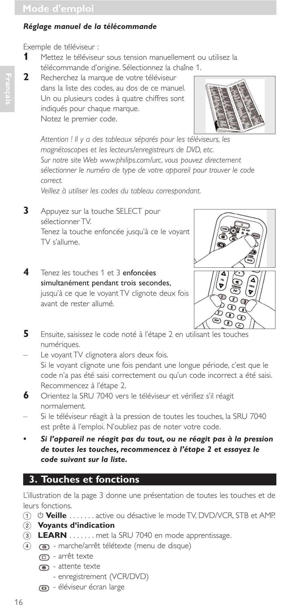 Touches et fonctions, Mode d'emploi | Philips Mando a distancia universal User Manual | Page 16 / 132