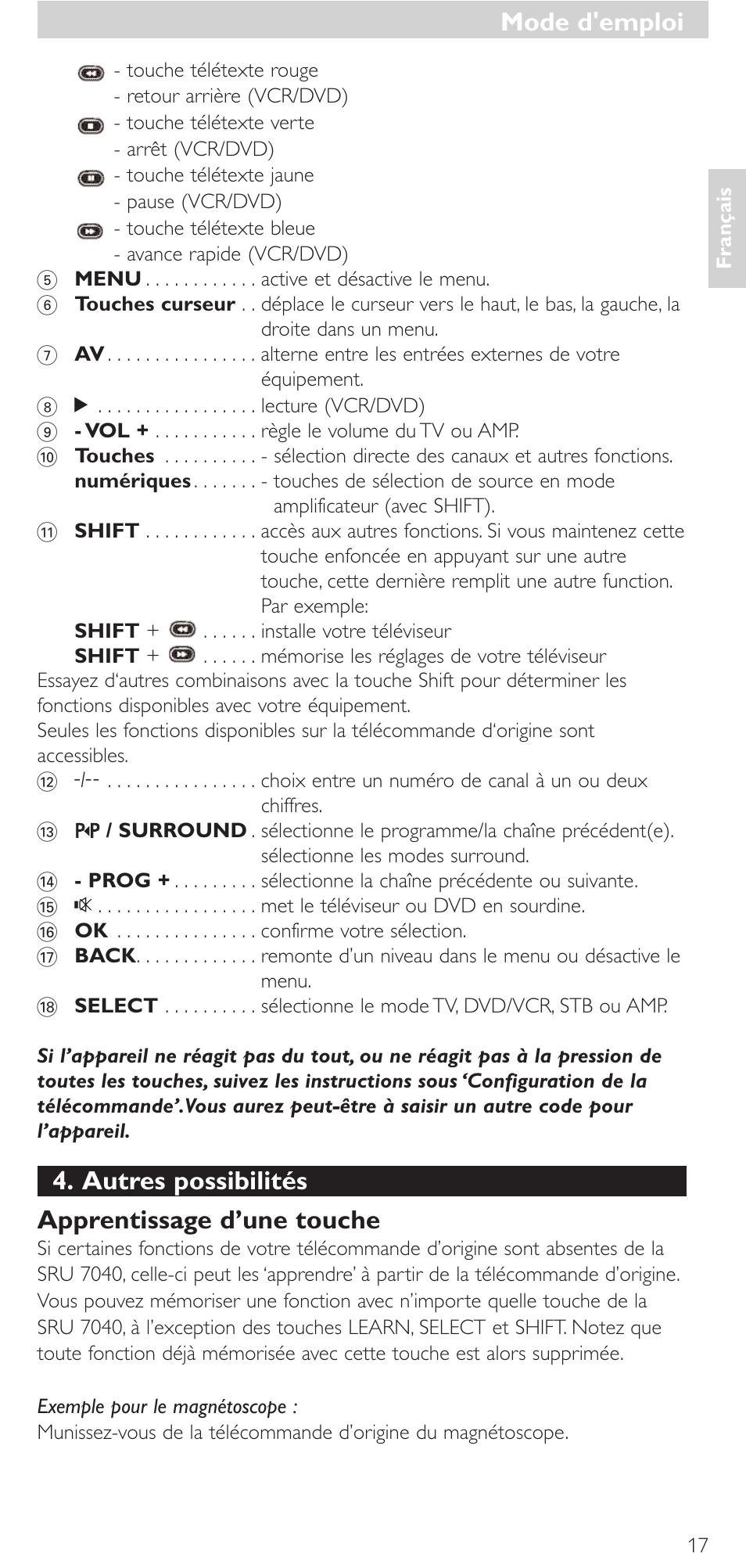 Autres possibilités apprentissage d’une touche, Mode d'emploi | Philips Mando a distancia universal User Manual | Page 17 / 132