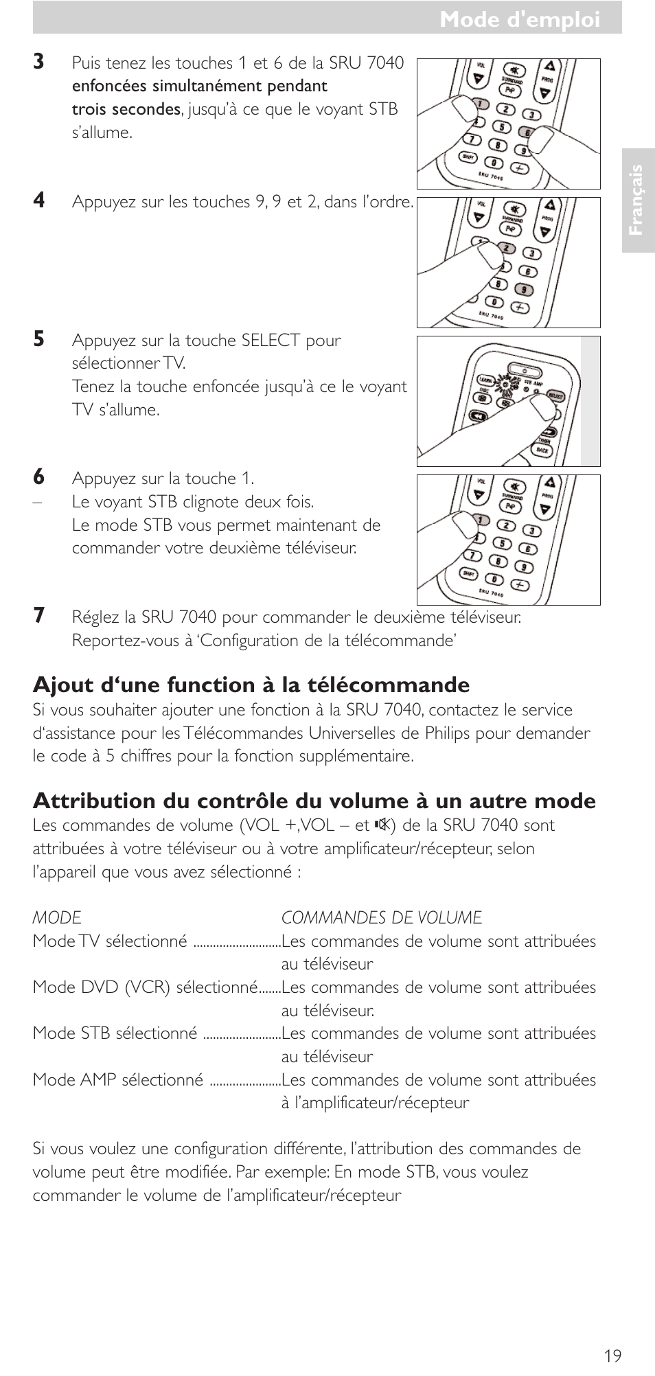Ajout d‘une function à la télécommande, Attribution du contrôle du volume à un autre mode, Mode d'emploi | Philips Mando a distancia universal User Manual | Page 19 / 132