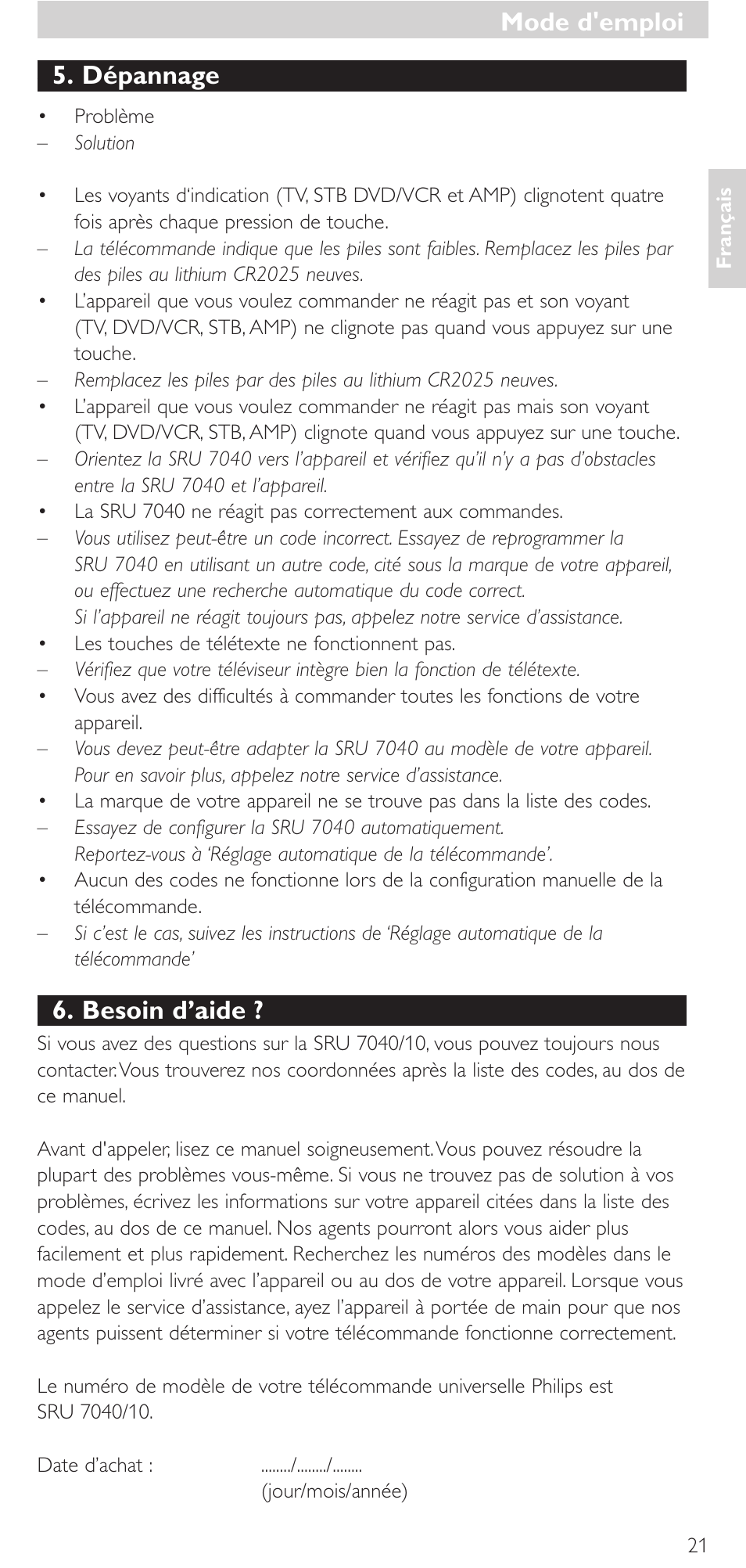 Dépannage, Besoin d’aide, Mode d'emploi | Philips Mando a distancia universal User Manual | Page 21 / 132