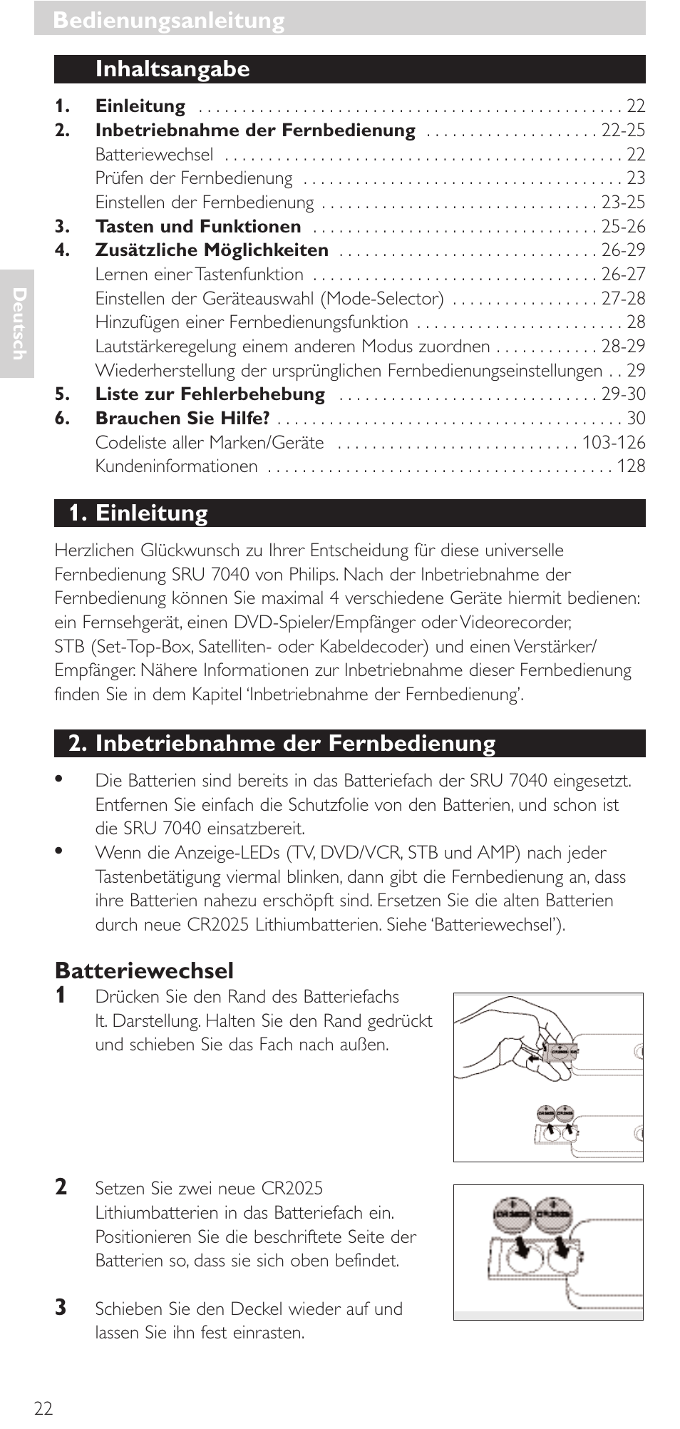 Inhaltsangabe, Einleitung, Inbetriebnahme der fernbedienung | Batteriewechsel 1, Bedienungsanleitung | Philips Mando a distancia universal User Manual | Page 22 / 132