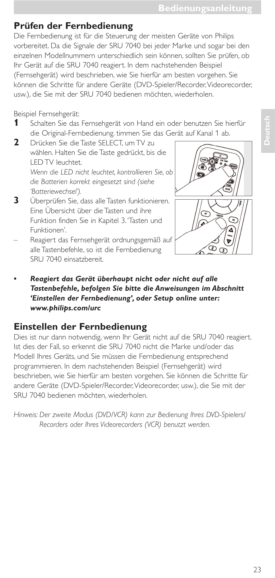 Prüfen der fernbedienung, Einstellen der fernbedienung, Bedienungsanleitung | Philips Mando a distancia universal User Manual | Page 23 / 132