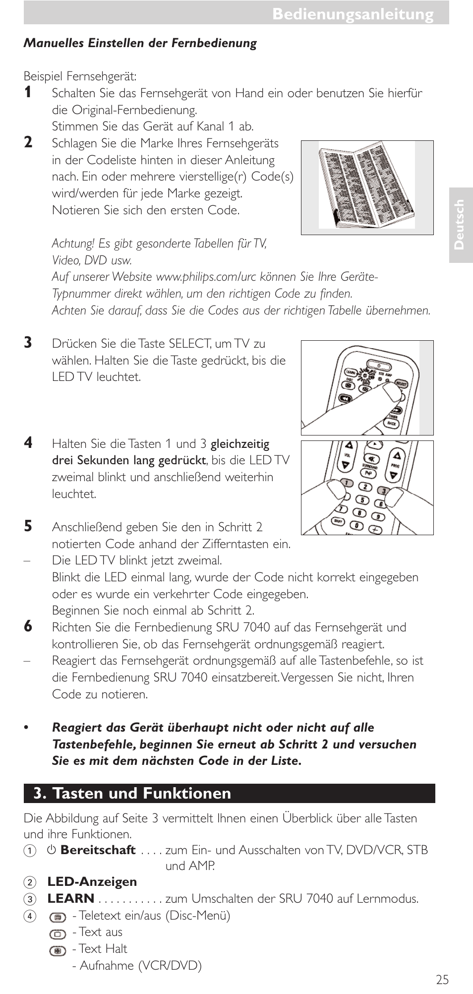 Tasten und funktionen, Bedienungsanleitung | Philips Mando a distancia universal User Manual | Page 25 / 132