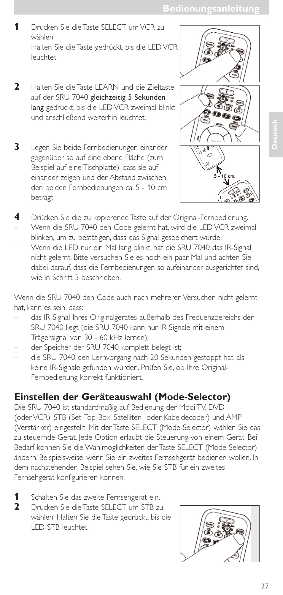 Einstellen der geräteauswahl (mode-selector), Bedienungsanleitung | Philips Mando a distancia universal User Manual | Page 27 / 132