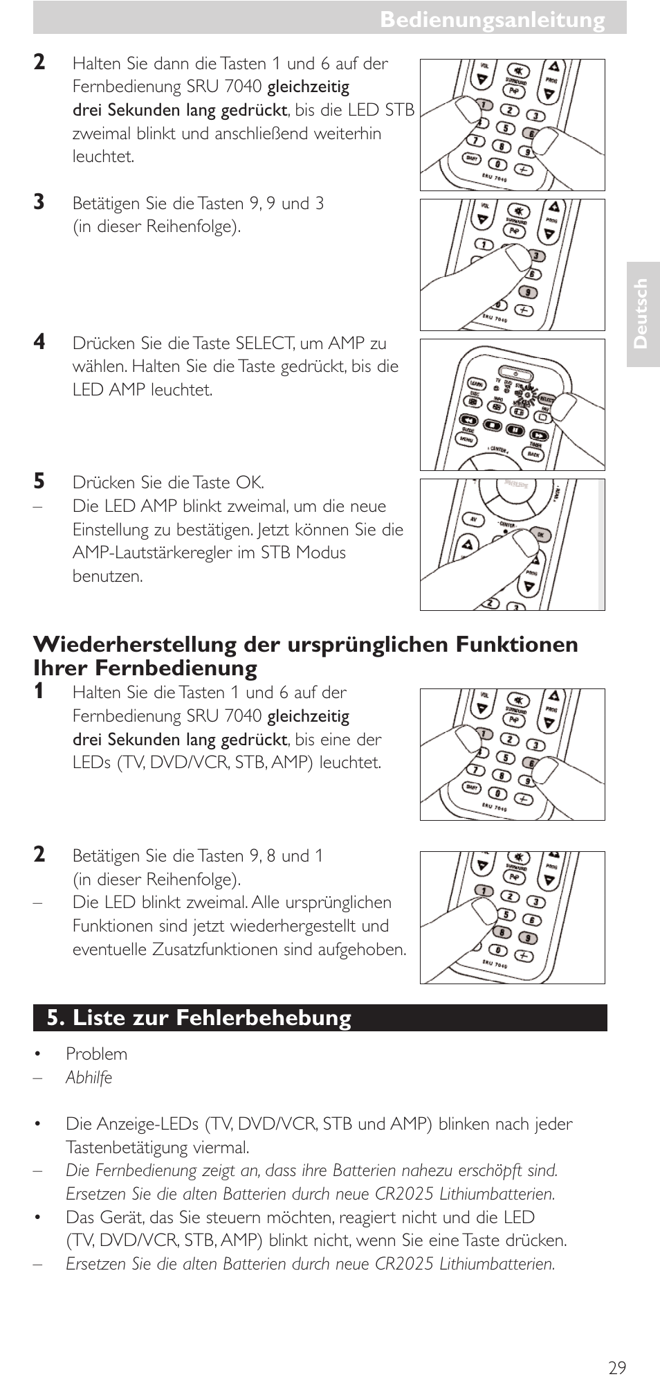 Liste zur fehlerbehebung, Bedienungsanleitung | Philips Mando a distancia universal User Manual | Page 29 / 132