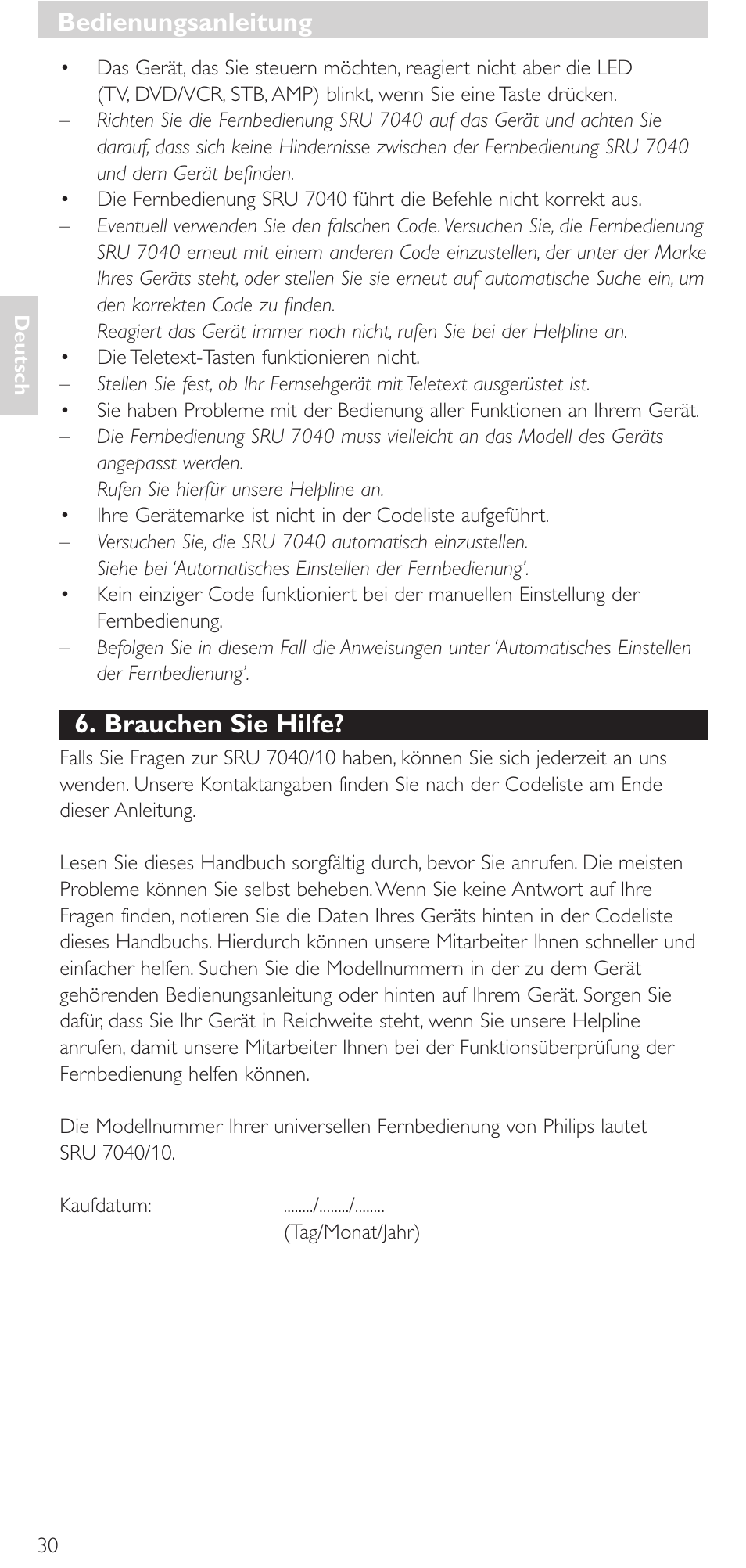 Brauchen sie hilfe, Bedienungsanleitung | Philips Mando a distancia universal User Manual | Page 30 / 132