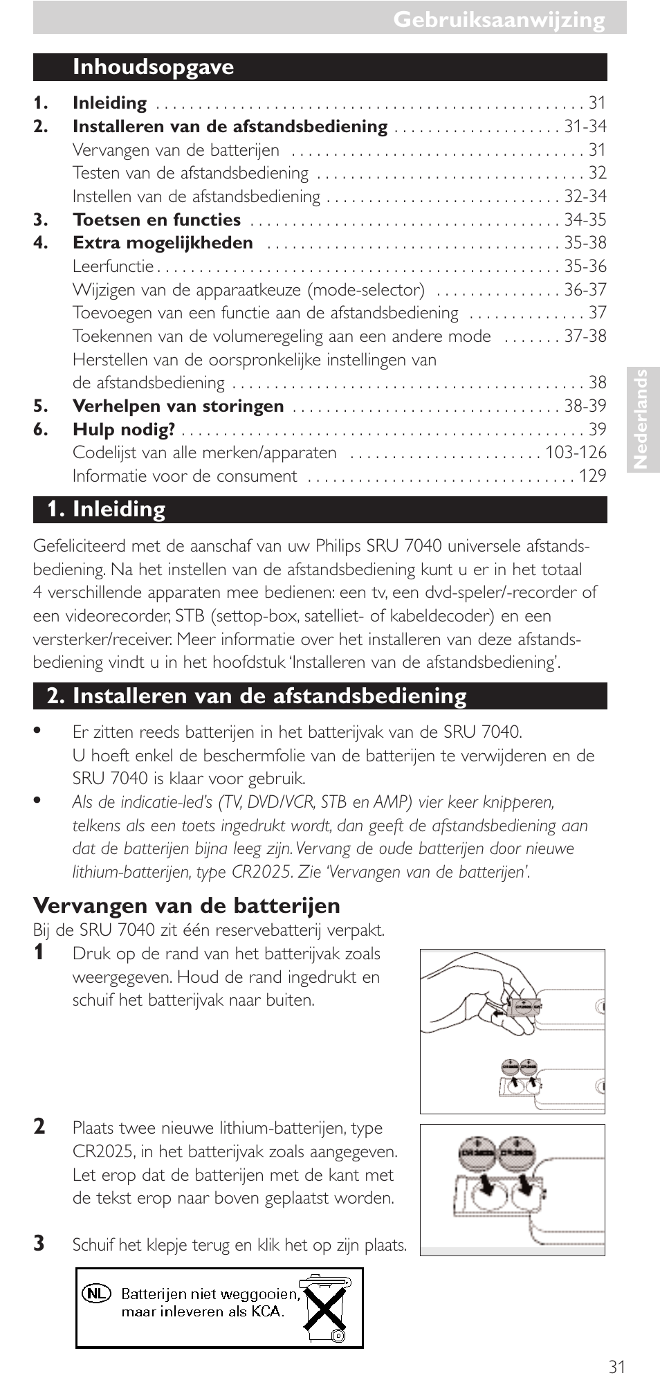 Inhoudsopgave, Inleiding, Installeren van de afstandsbediening | Vervangen van de batterijen, Gebruiksaanwijzing | Philips Mando a distancia universal User Manual | Page 31 / 132