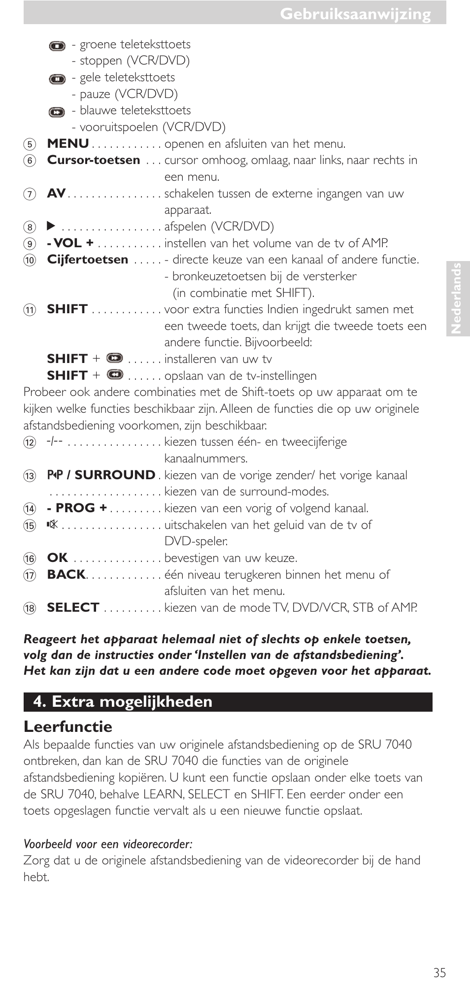 Extra mogelijkheden leerfunctie, Gebruiksaanwijzing | Philips Mando a distancia universal User Manual | Page 35 / 132