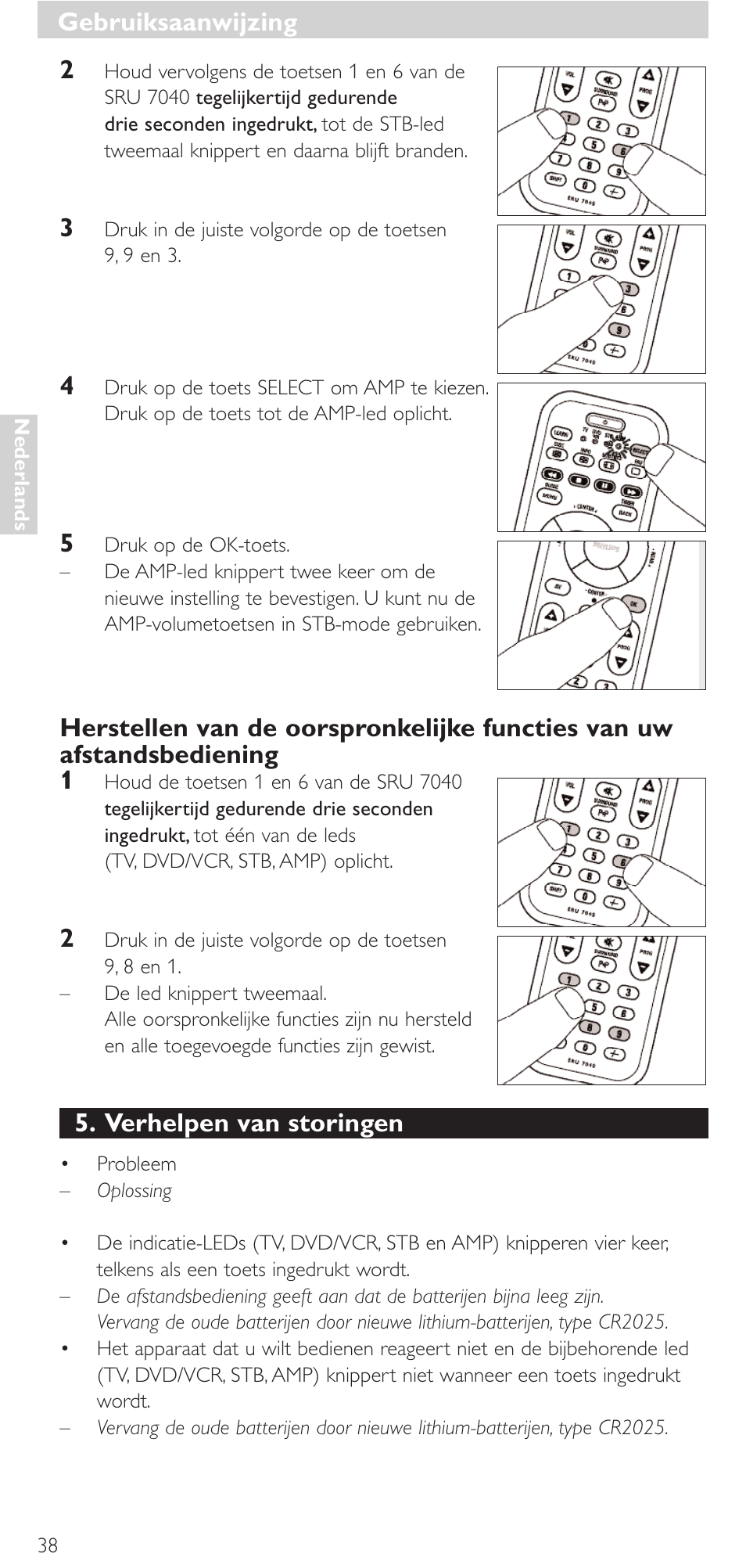 Verhelpen van storingen, Gebruiksaanwijzing | Philips Mando a distancia universal User Manual | Page 38 / 132