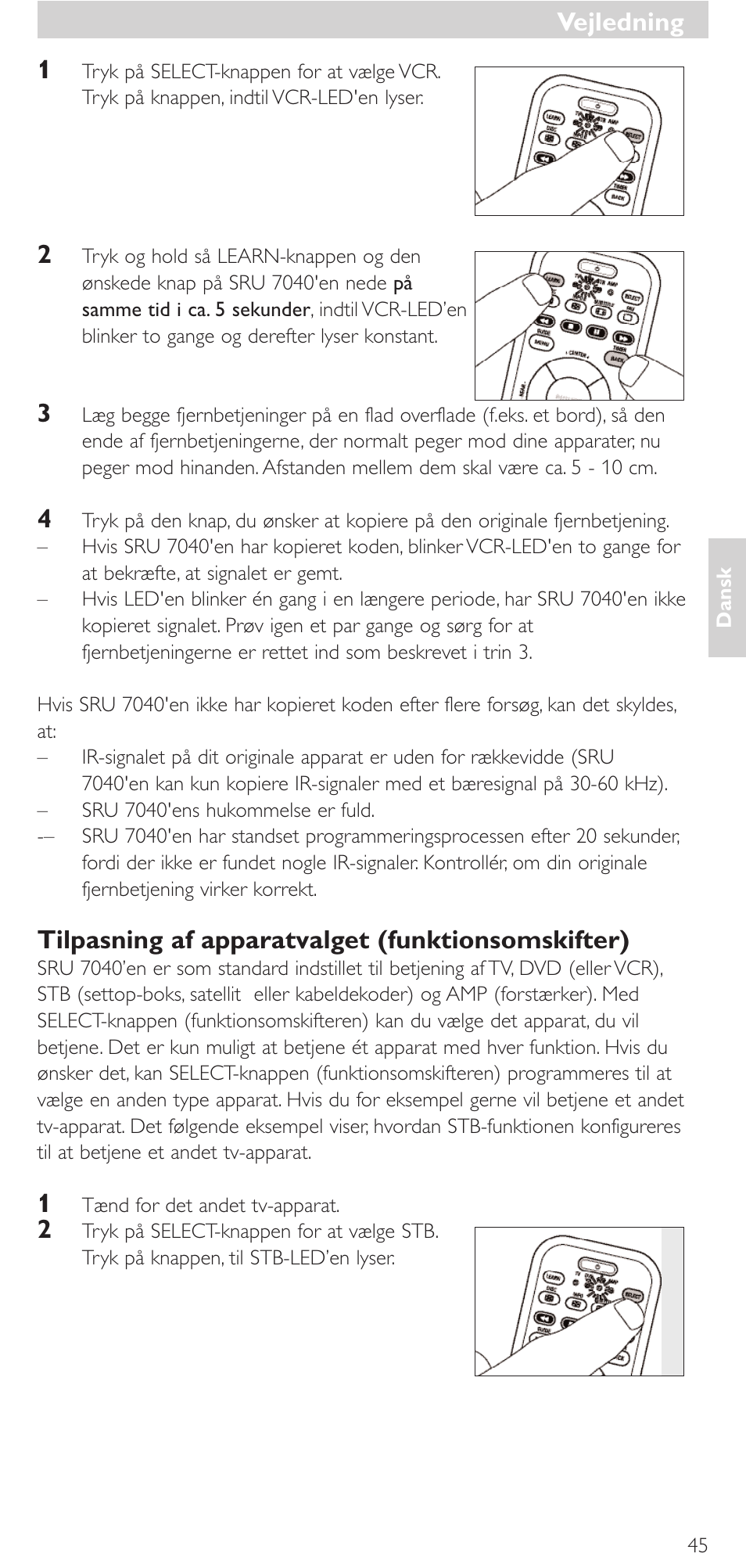 Tilpasning af apparatvalget (funktionsomskifter), Vejledning | Philips Mando a distancia universal User Manual | Page 45 / 132