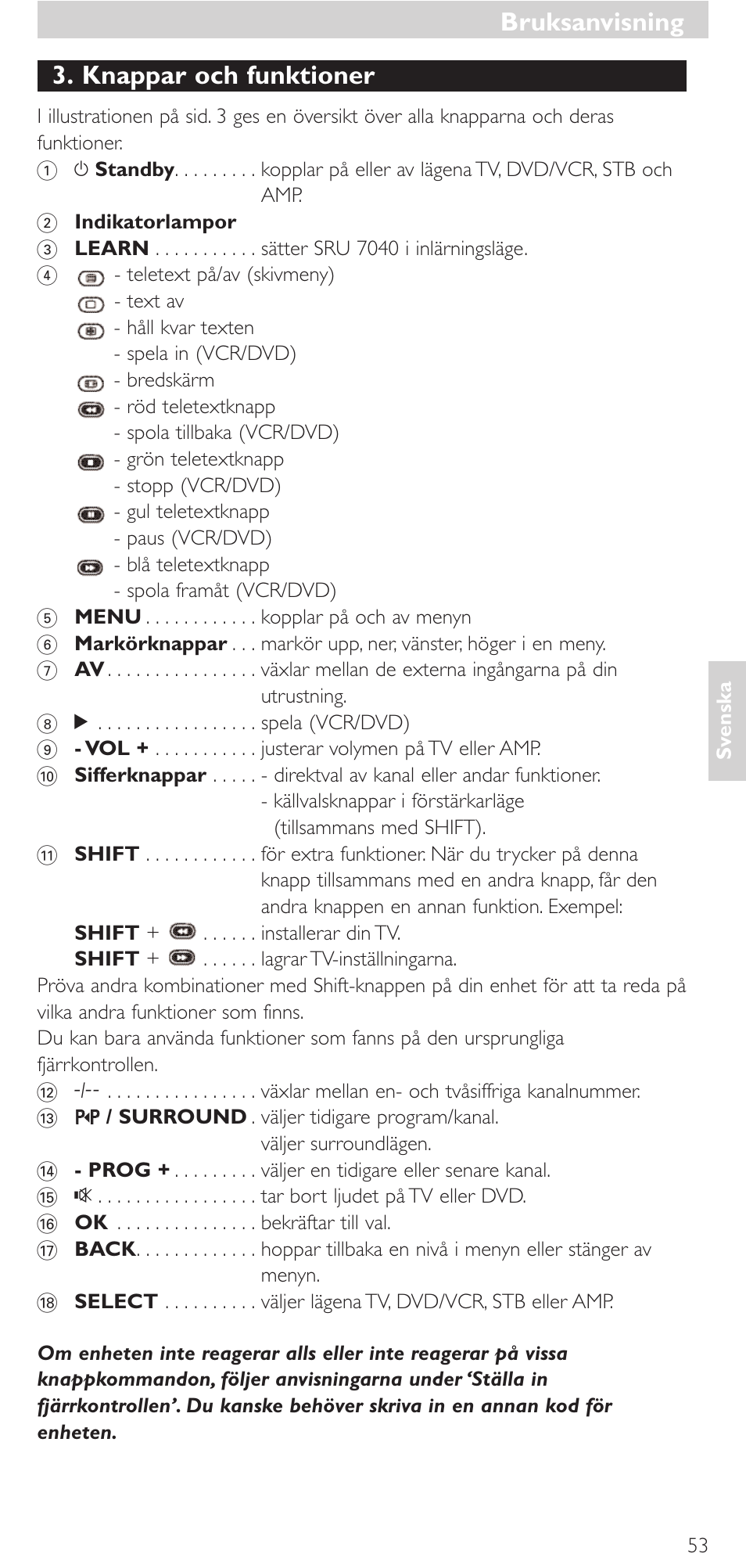 Knappar och funktioner, Bruksanvisning | Philips Mando a distancia universal User Manual | Page 53 / 132