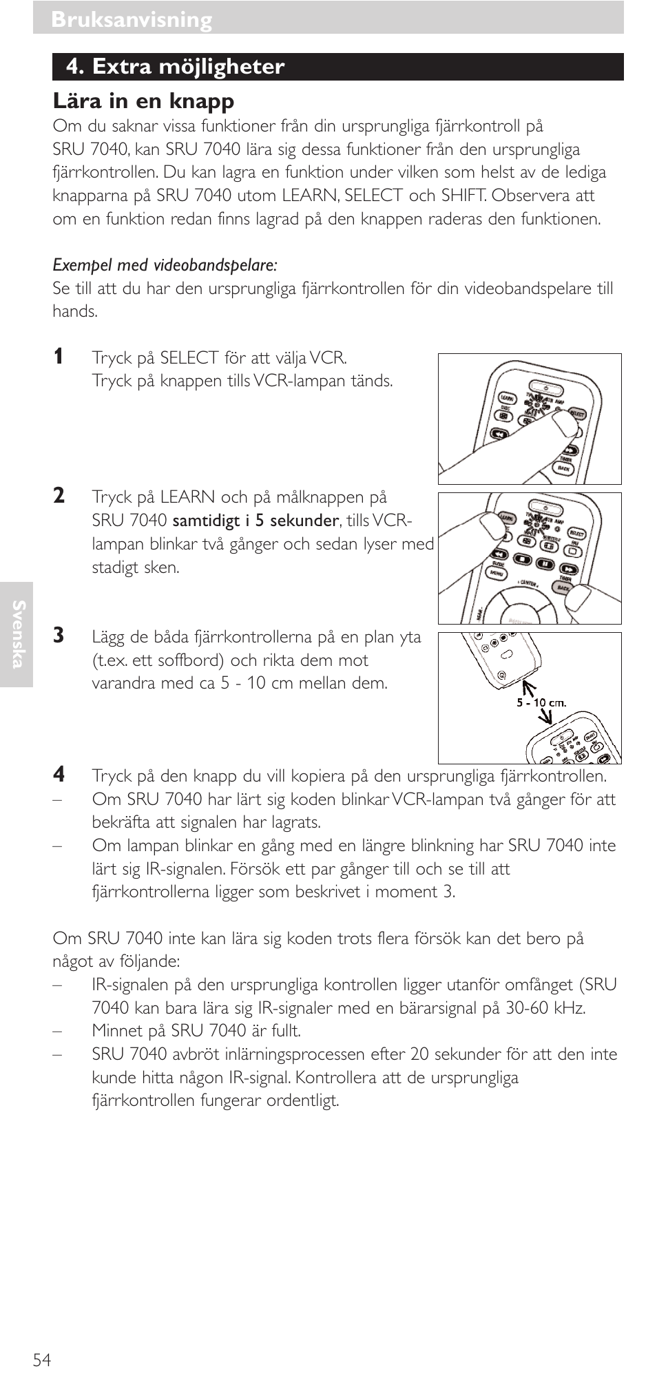 Extra möjligheter lära in en knapp, Bruksanvisning | Philips Mando a distancia universal User Manual | Page 54 / 132