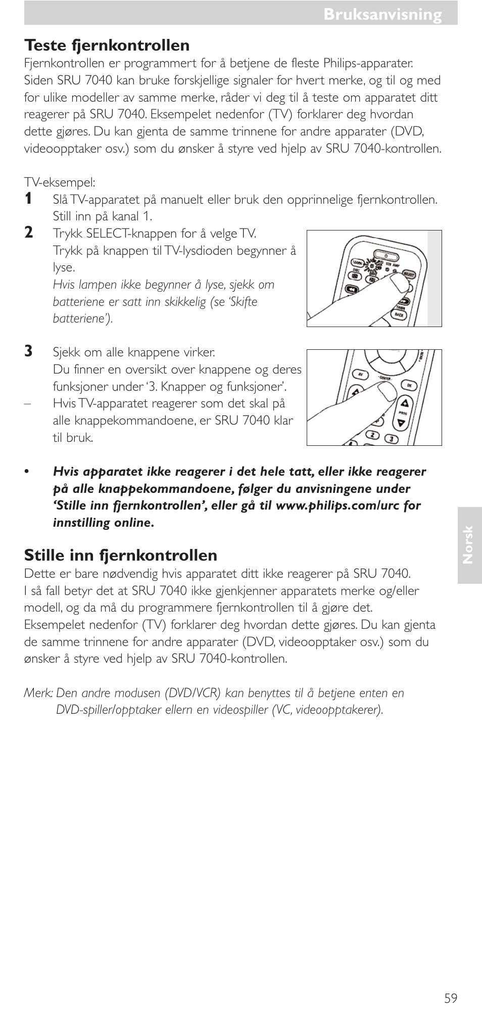 Teste fjernkontrollen, Stille inn fjernkontrollen, Bruksanvisning | Philips Mando a distancia universal User Manual | Page 59 / 132