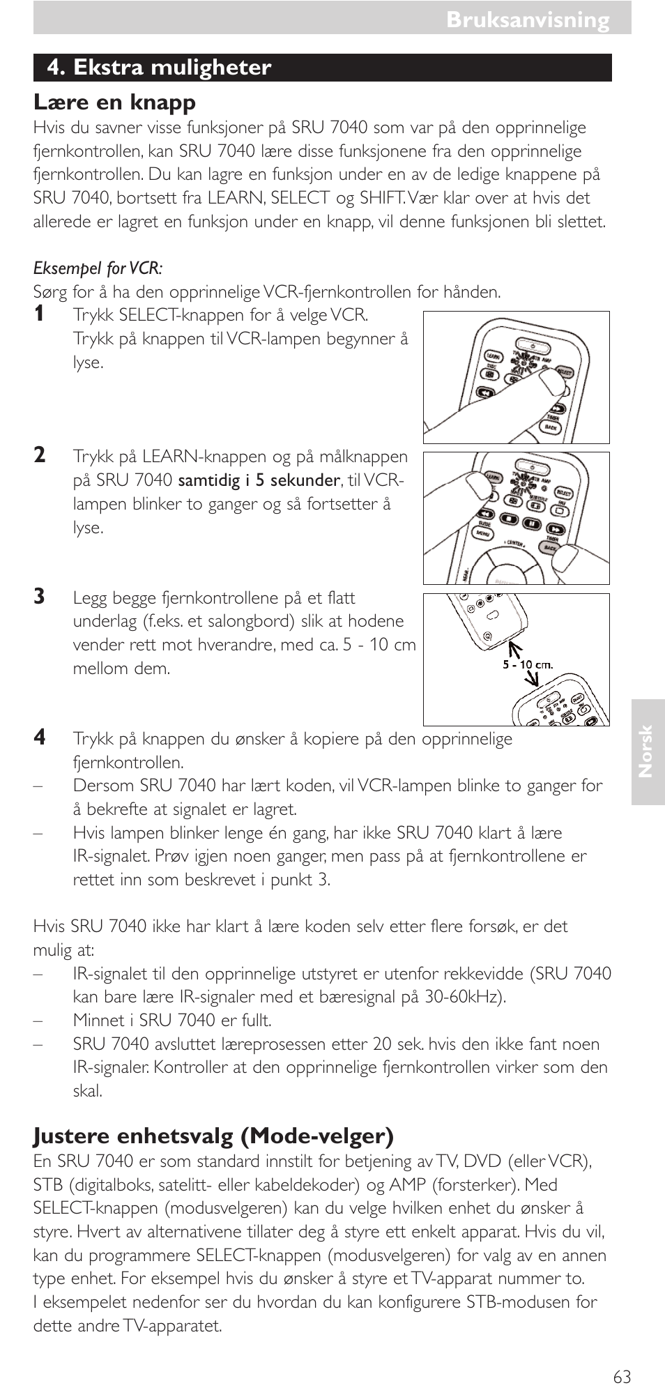 Ekstra muligheter lære en knapp, Justere enhetsvalg (mode-velger), Bruksanvisning | Philips Mando a distancia universal User Manual | Page 63 / 132