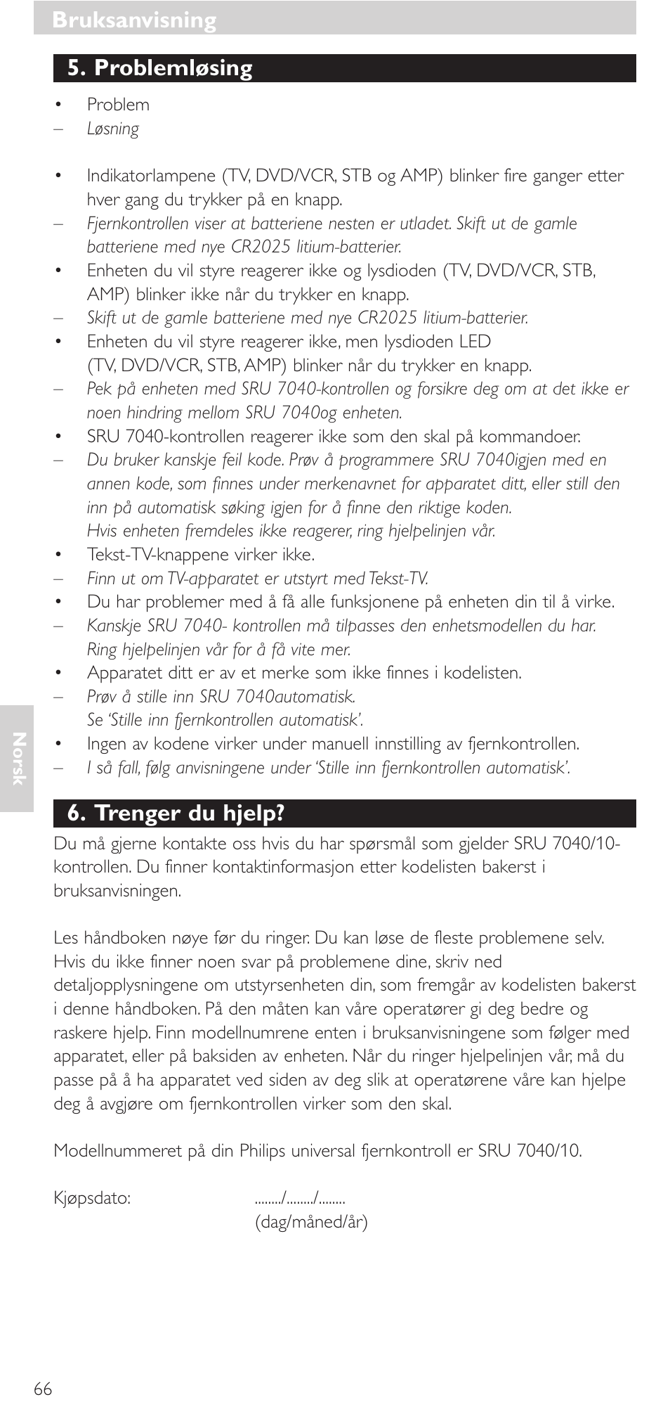 Problemløsing, Trenger du hjelp, Bruksanvisning | Philips Mando a distancia universal User Manual | Page 66 / 132