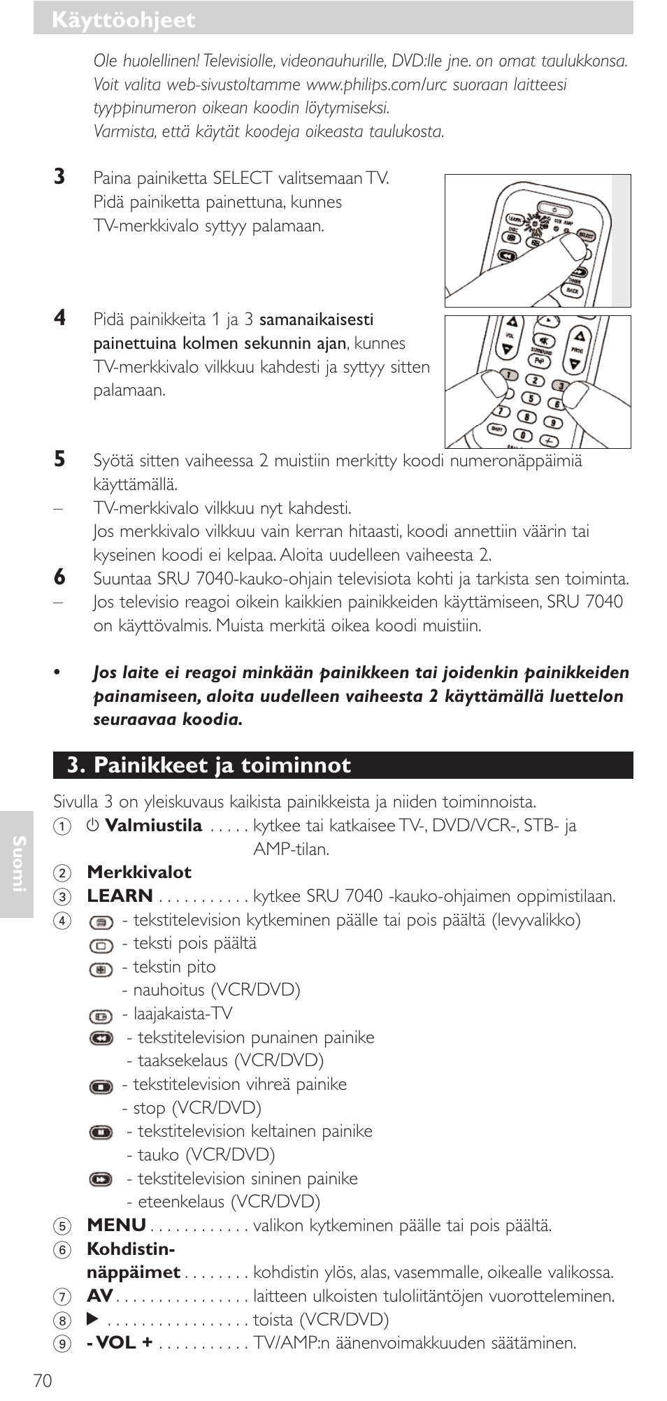 Painikkeet ja toiminnot, Käyttöohjeet | Philips Mando a distancia universal User Manual | Page 70 / 132