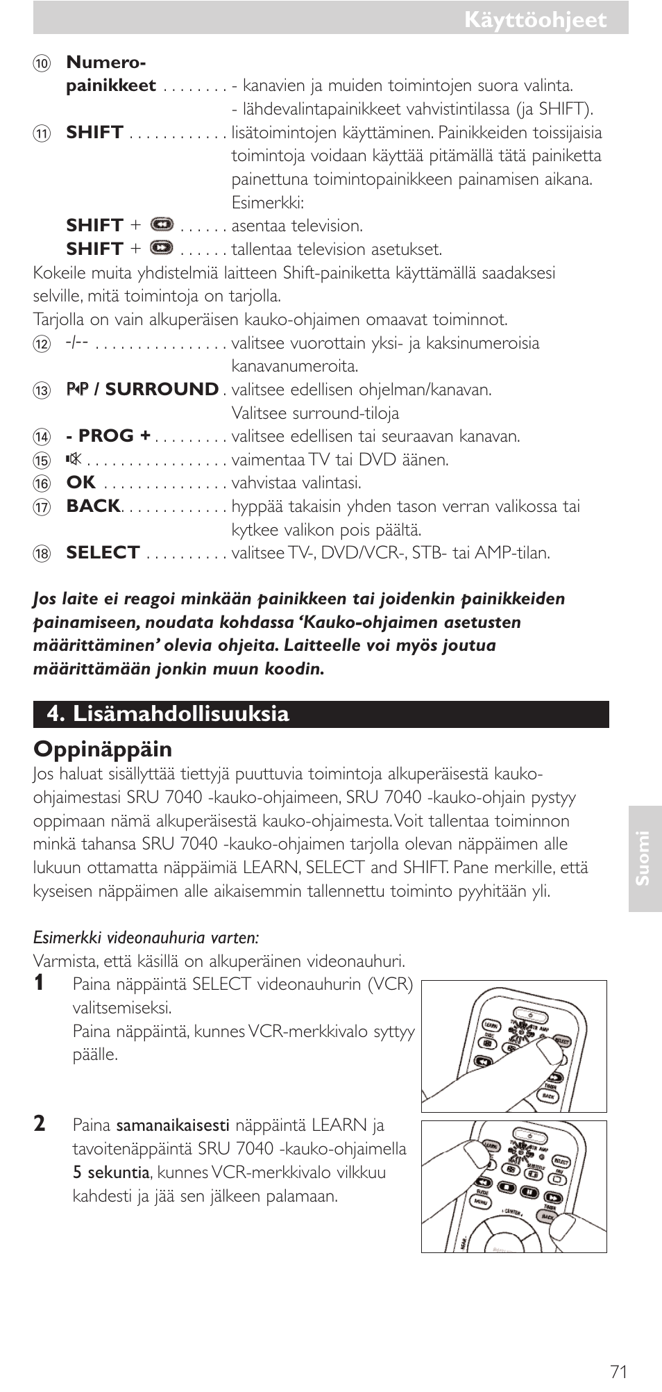 Lisämahdollisuuksia oppinäppäin, Käyttöohjeet | Philips Mando a distancia universal User Manual | Page 71 / 132