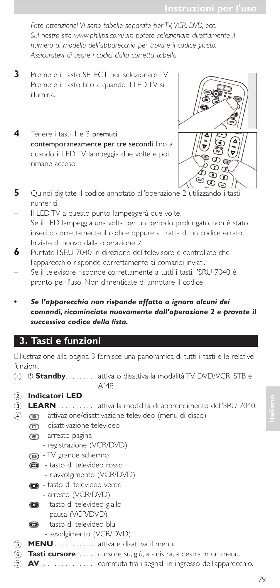 Tasti e funzioni, Instruzioni per l'uso | Philips Mando a distancia universal User Manual | Page 79 / 132
