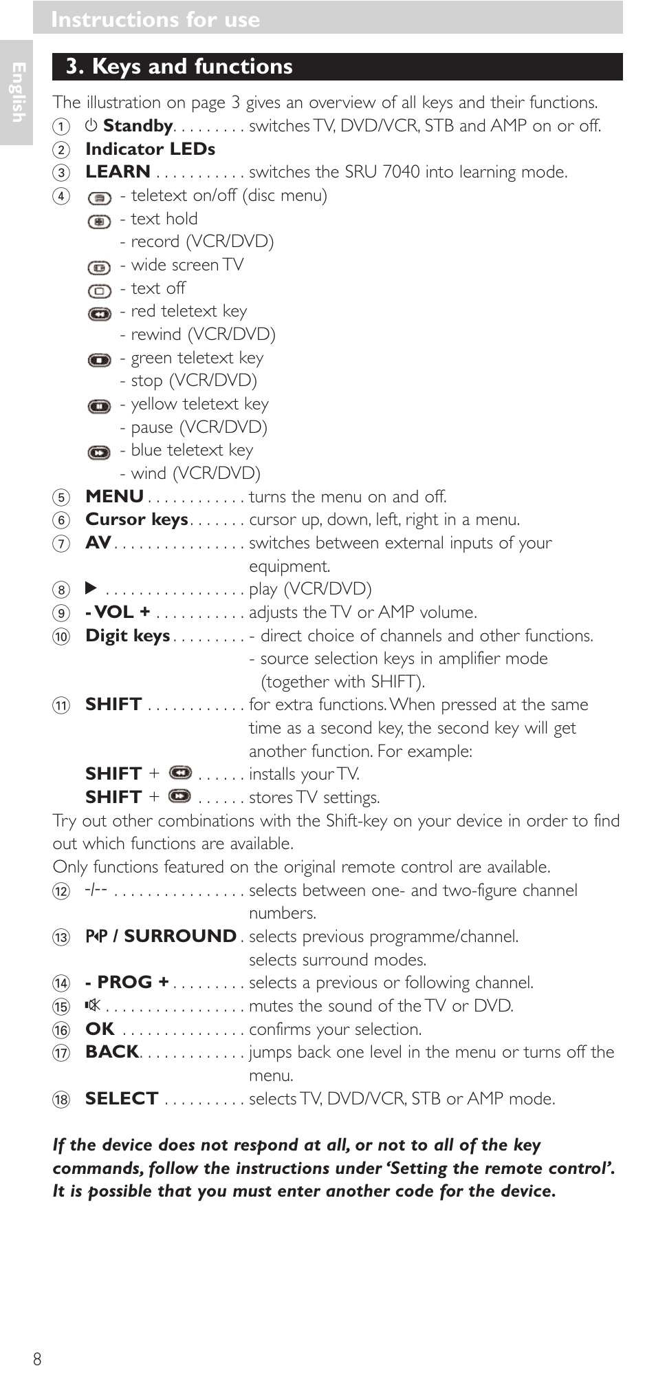 Keys and functions, Instructions for use | Philips Mando a distancia universal User Manual | Page 8 / 132