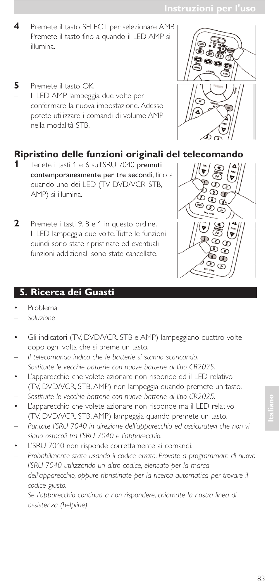 Ricerca dei guasti, Instruzioni per l'uso | Philips Mando a distancia universal User Manual | Page 83 / 132