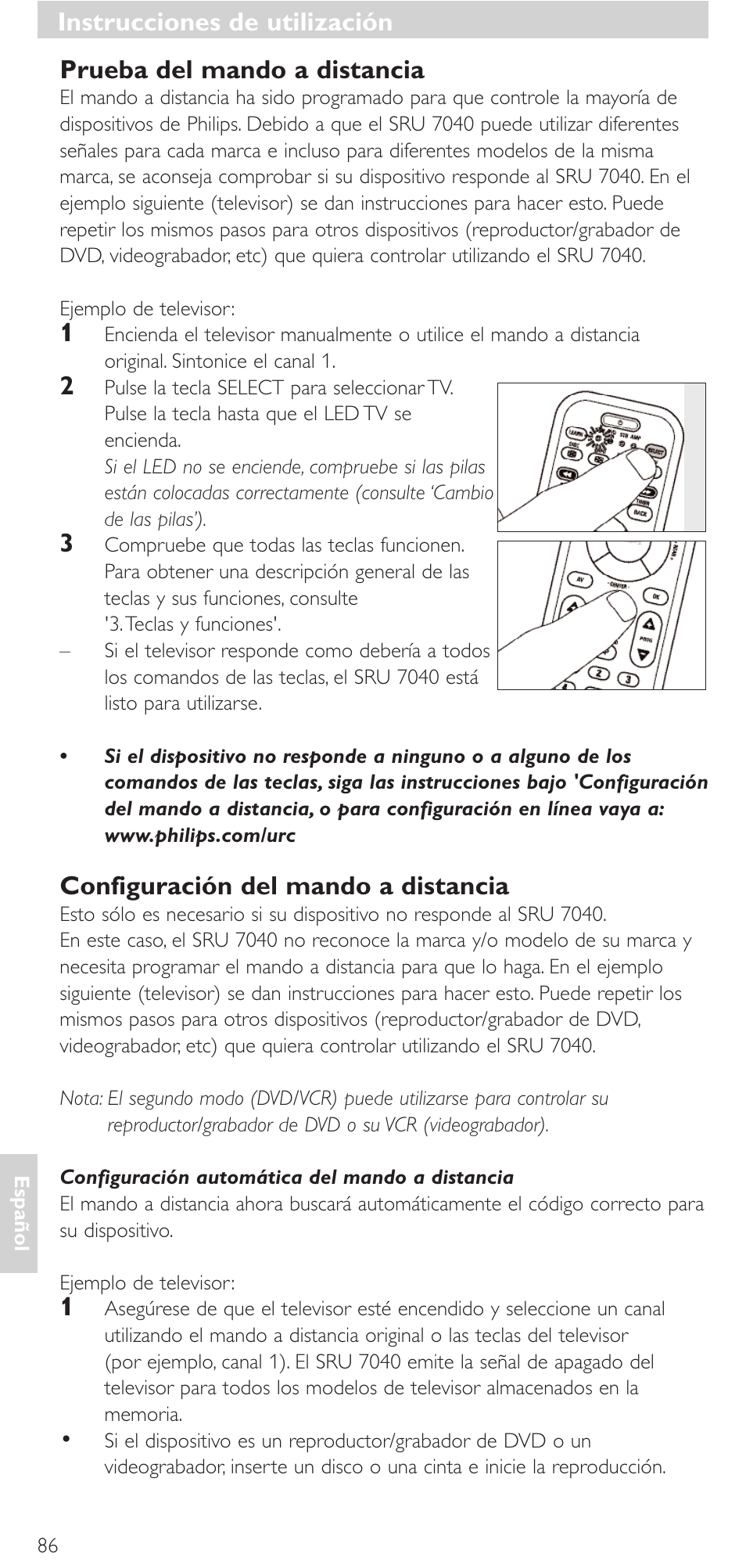 Prueba del mando a distancia, Configuración del mando a distancia, Instrucciones de utilización | Philips Mando a distancia universal User Manual | Page 86 / 132