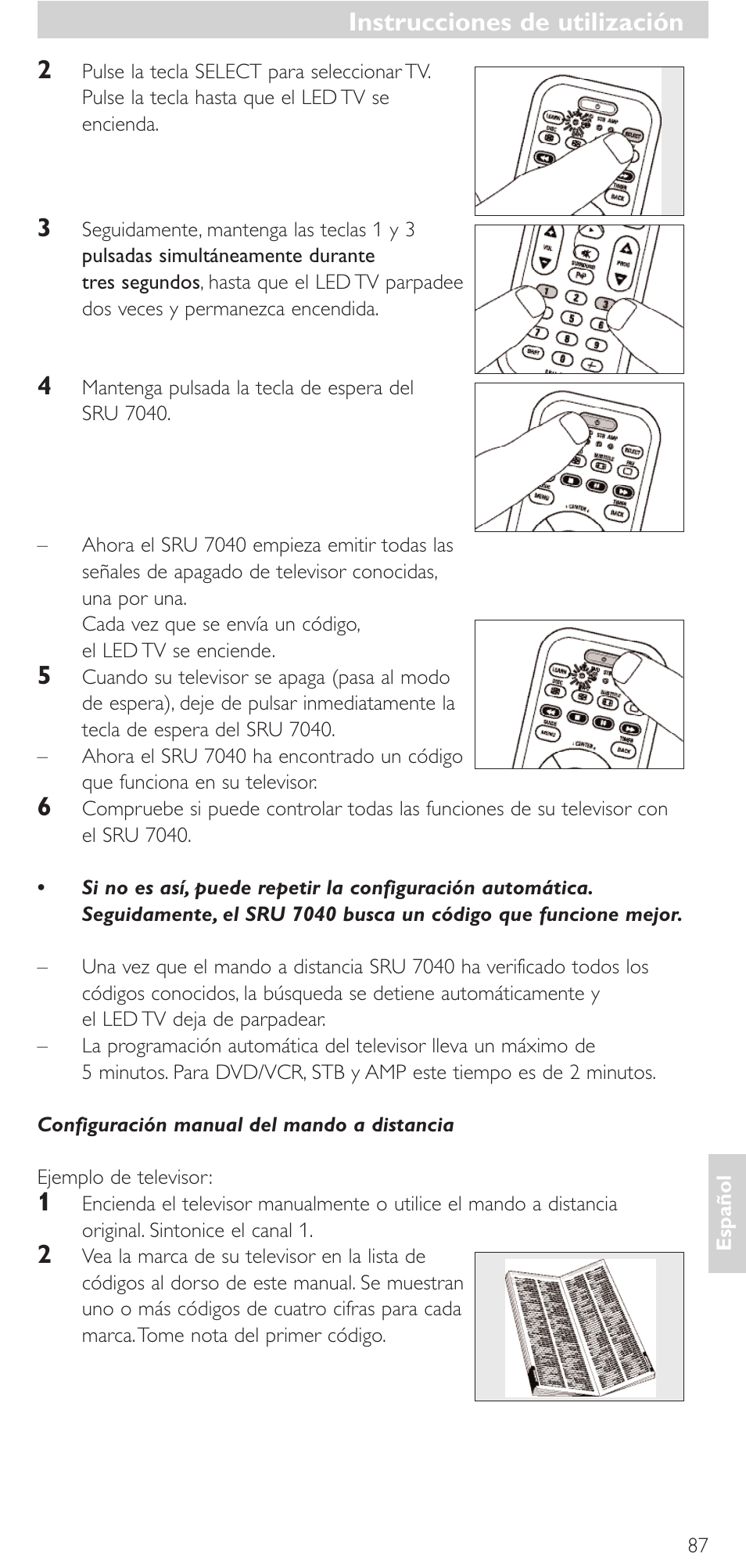 Instrucciones de utilización | Philips Mando a distancia universal User Manual | Page 87 / 132