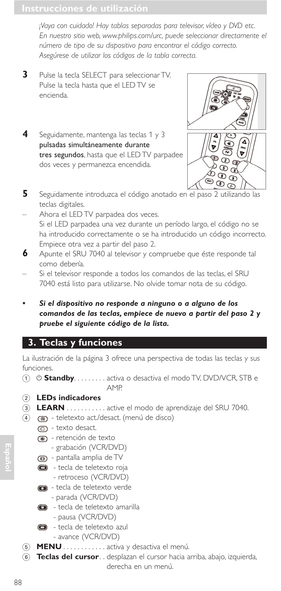 Teclas y funciones, Instrucciones de utilización | Philips Mando a distancia universal User Manual | Page 88 / 132