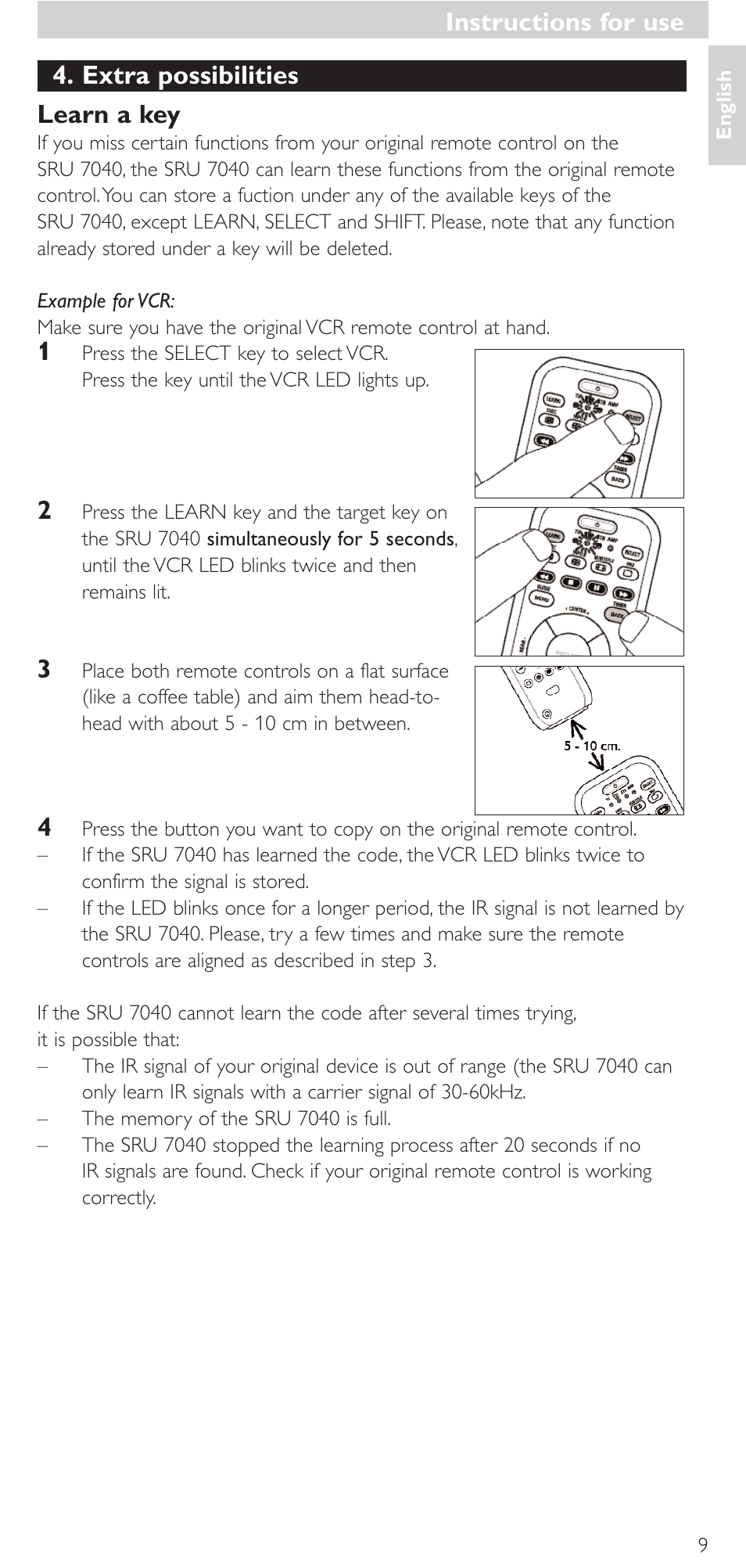 Extra possibilities learn a key, Instructions for use | Philips Mando a distancia universal User Manual | Page 9 / 132